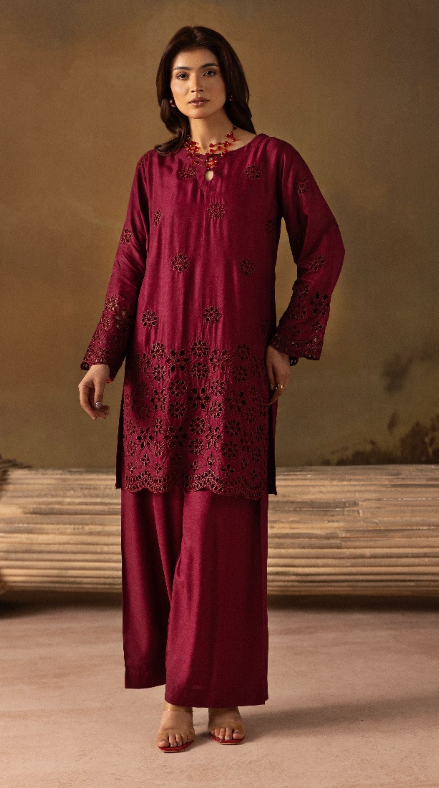 Stylish Burgundy Linen Chikankari Co-ord Set for Women