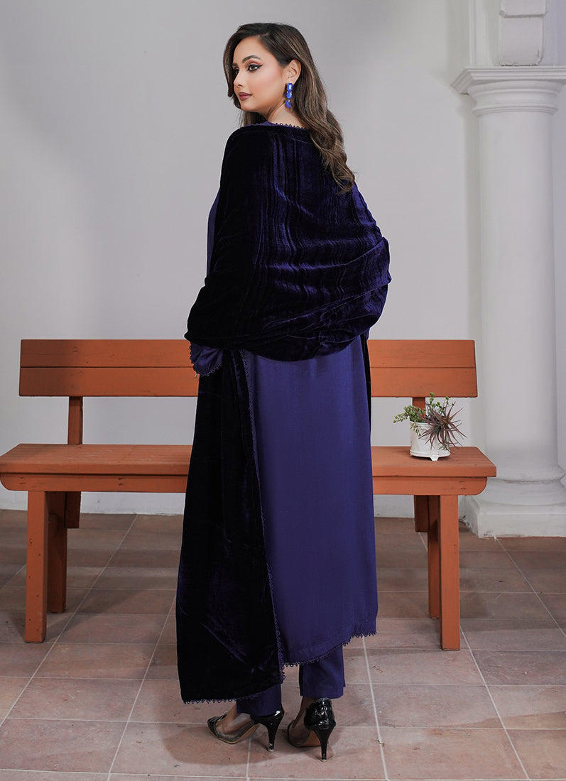 Navy Blue Linen Velvet Dupatta Suit Set