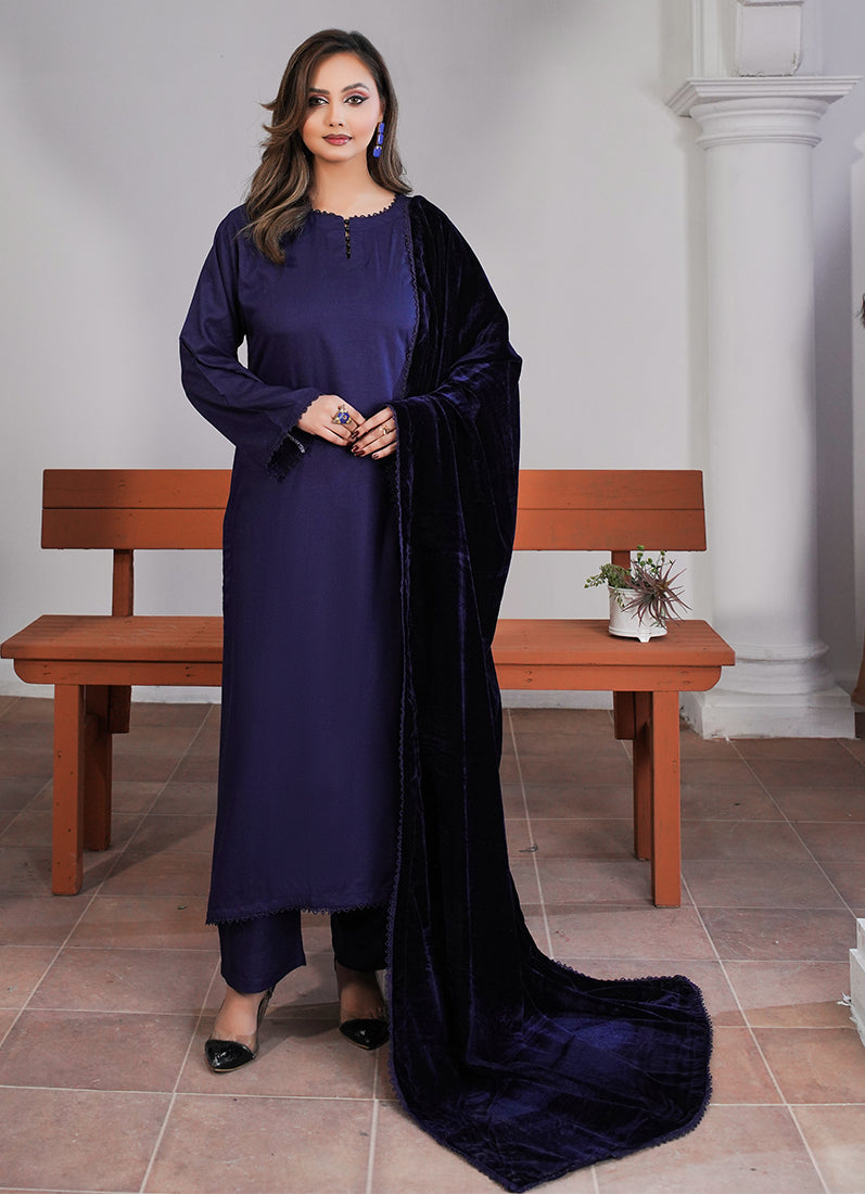 Navy Blue Linen Velvet Dupatta Suit Set
