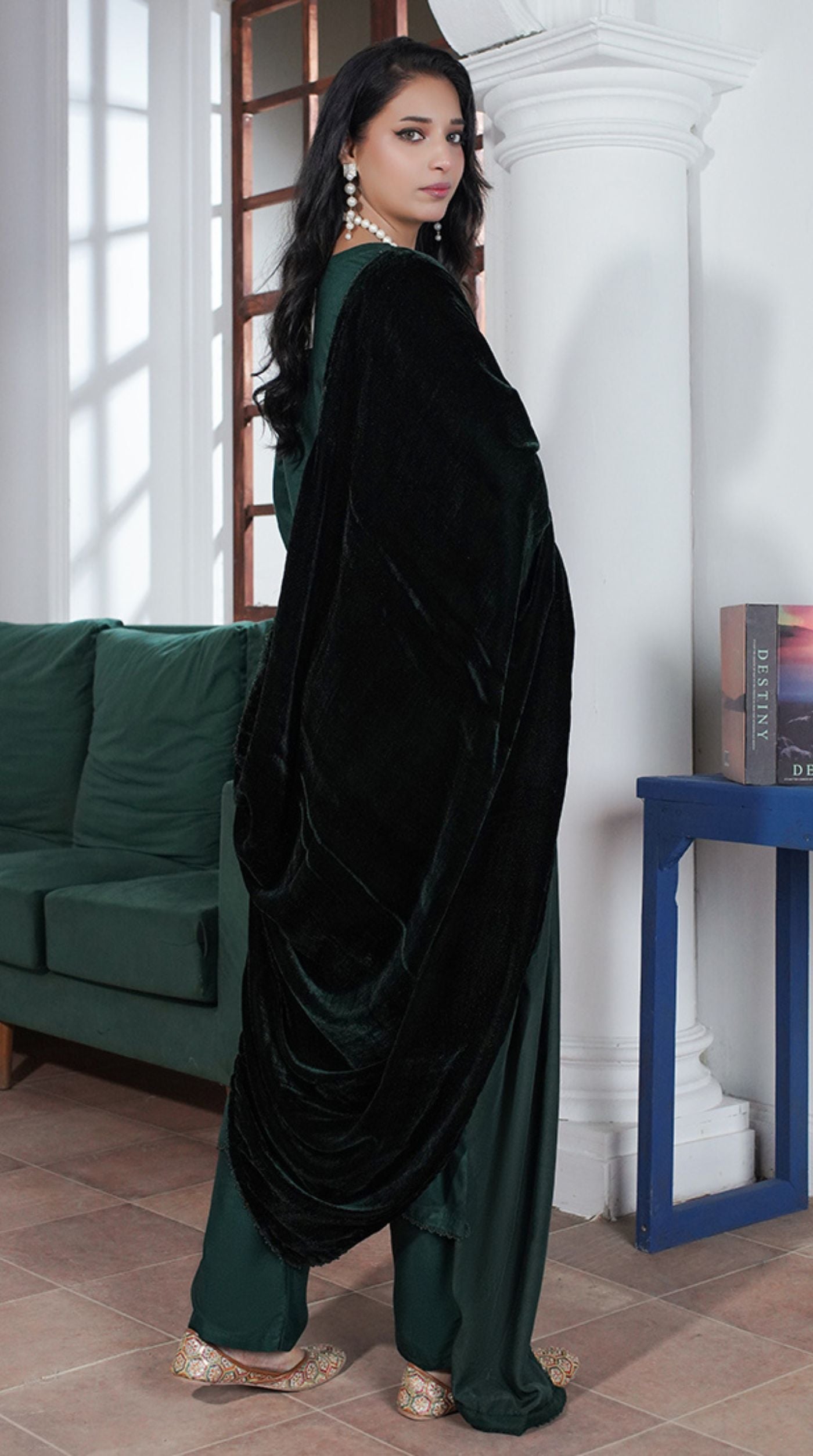 Dark Green Linen Velvet Dupatta Suit Set