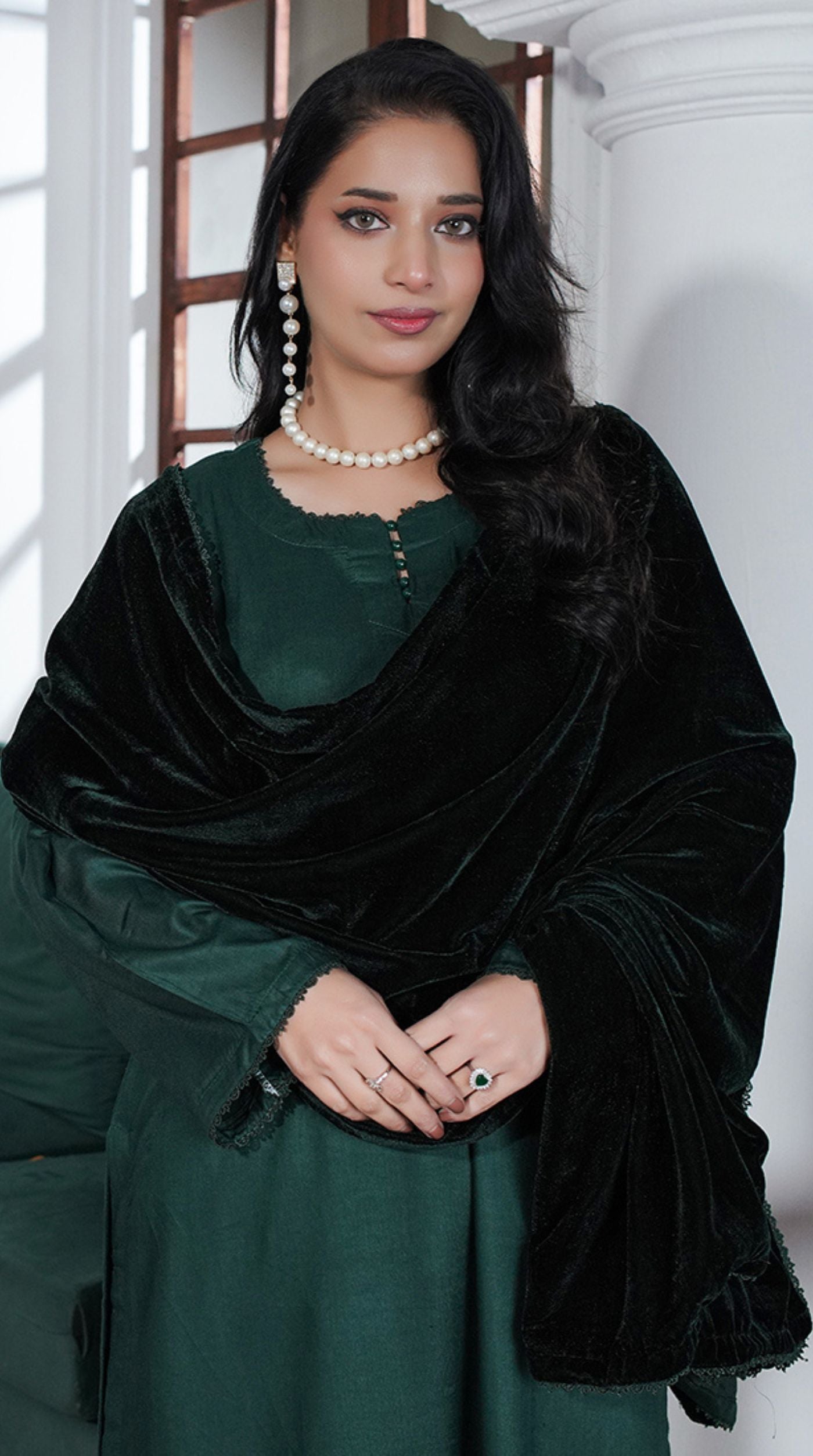 Dark Green Linen Velvet Dupatta Suit Set