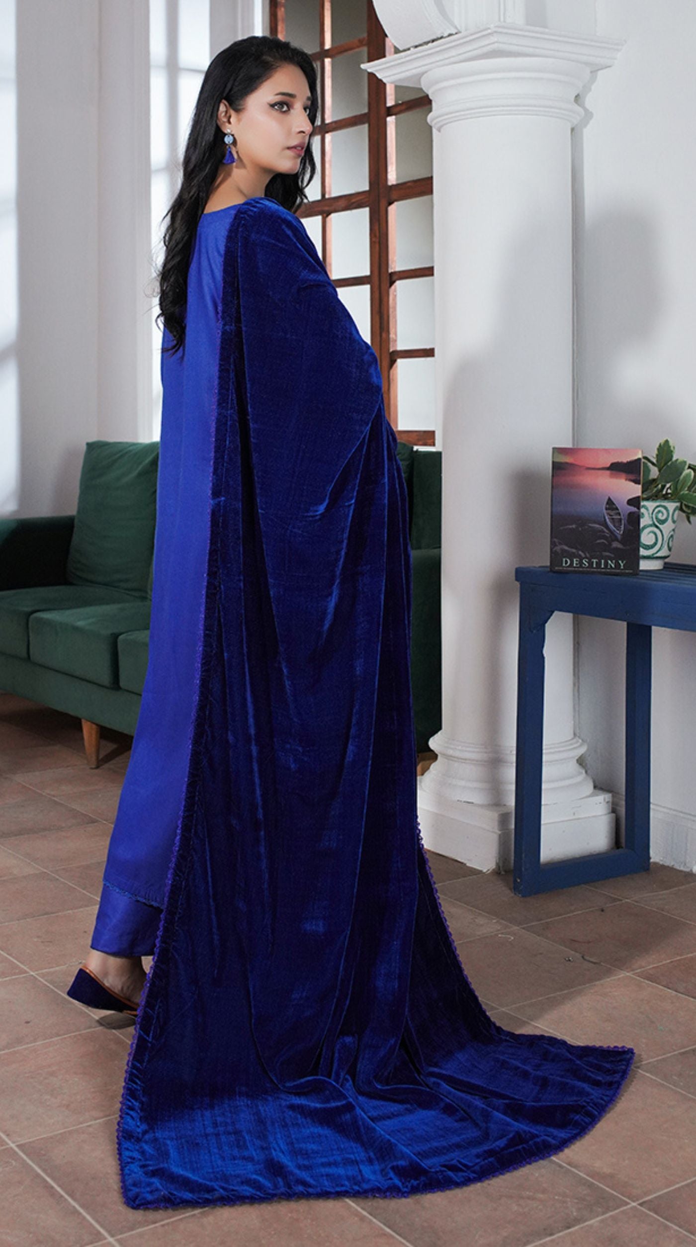 Blue Linen Velvet Dupatta Suit Set
