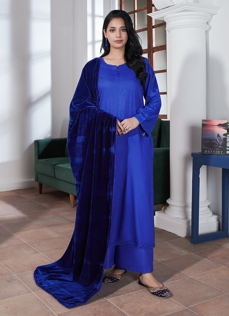 Blue Linen Velvet Dupatta Suit Set