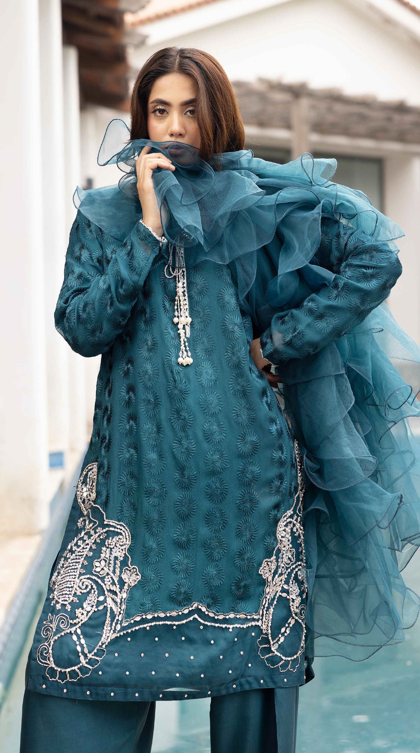 Teal Mehr Chikankari Chiffon Farshi Salwar Set