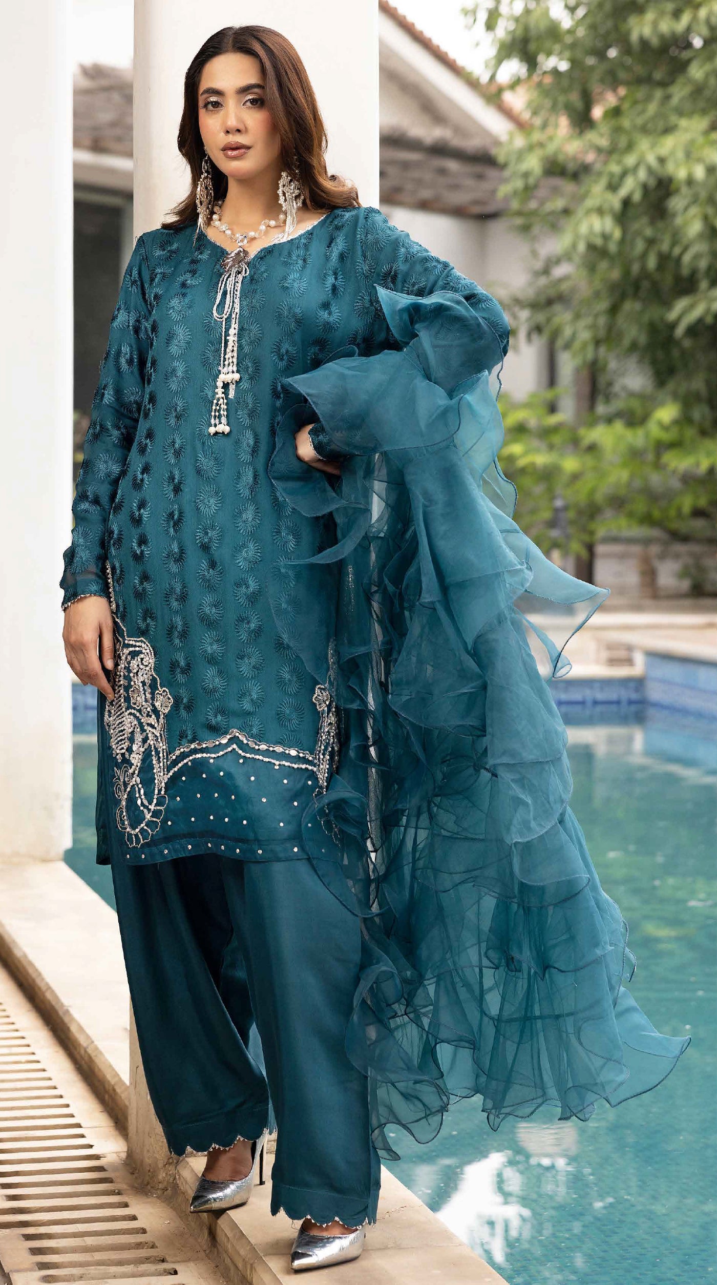 Teal Mehr Chikankari Chiffon Farshi Salwar Set