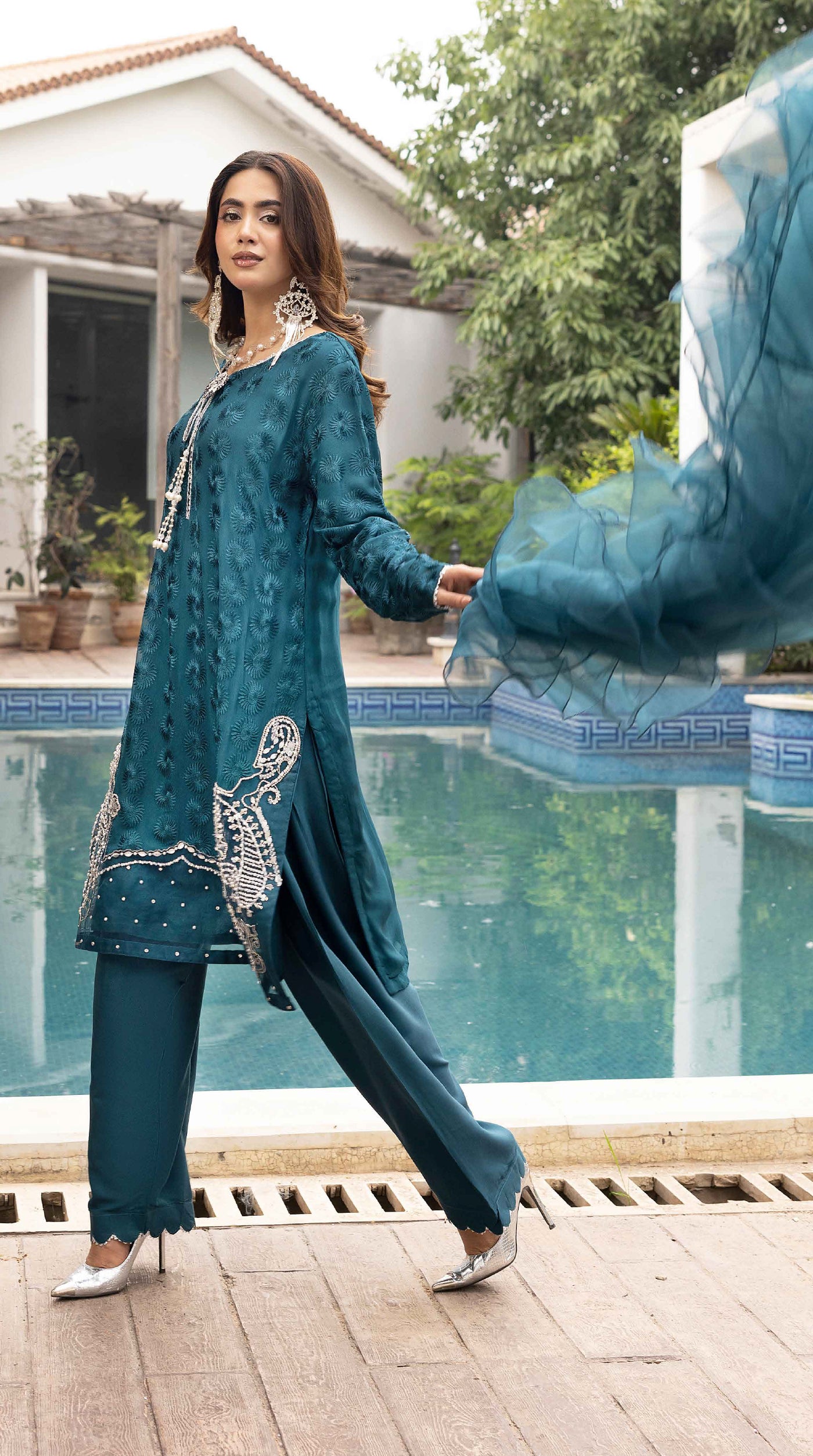 Teal Mehr Chikankari Chiffon Farshi Salwar Set