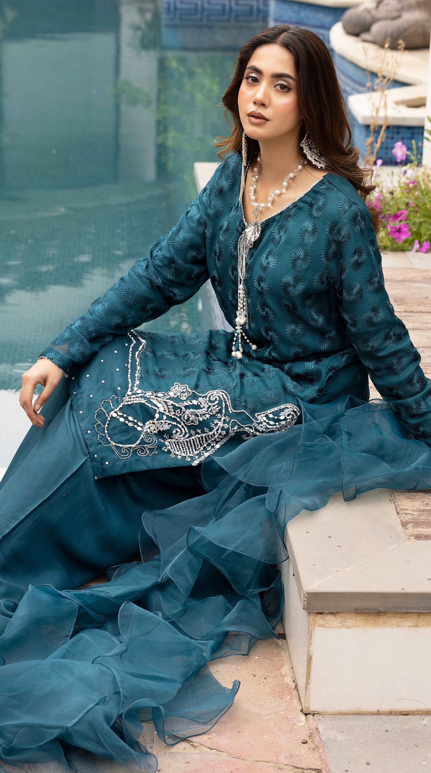 Teal Mehr Chikankari Chiffon Farshi Salwar Set