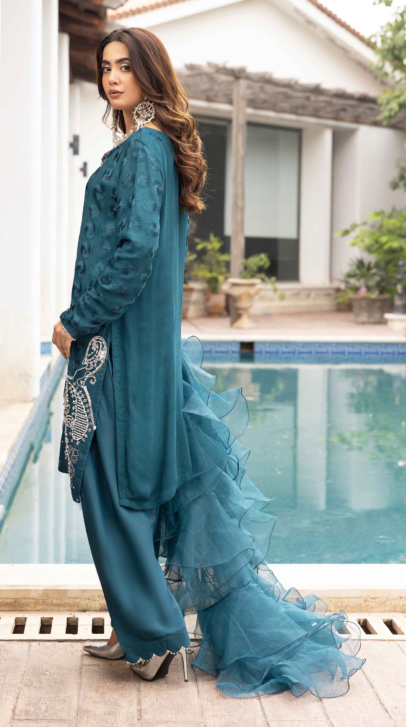 Teal Mehr Chikankari Chiffon Farshi Salwar Set