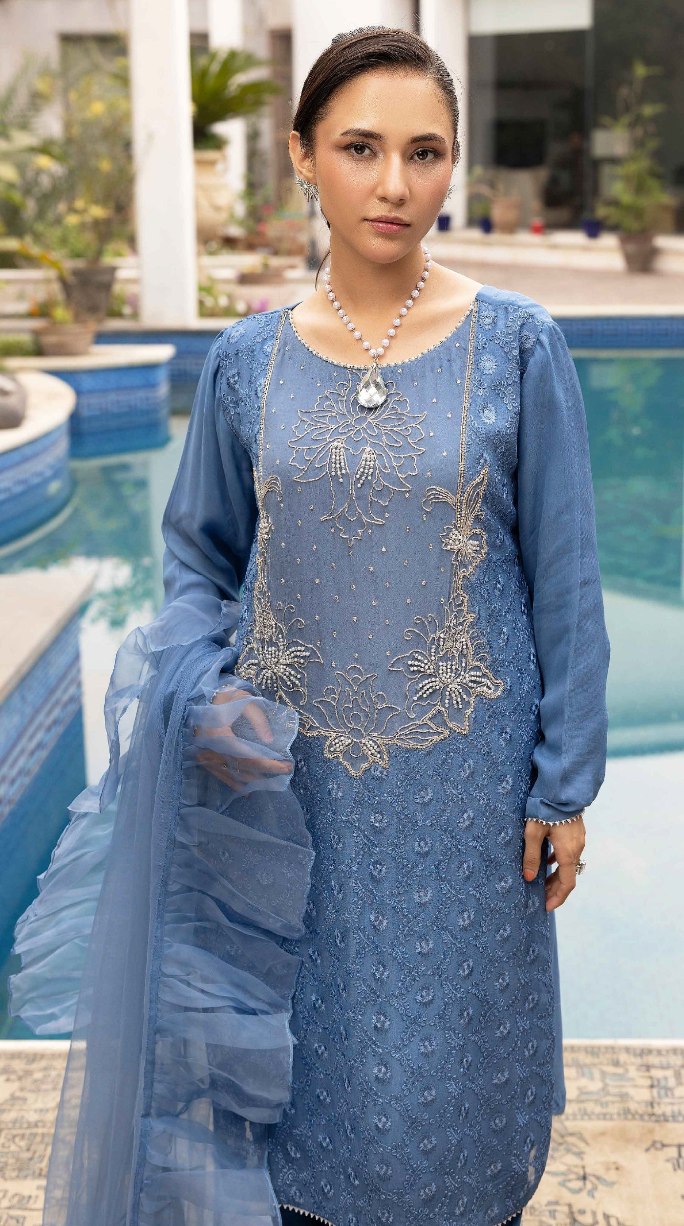 Blue Elara Chikankari Chiffon Farshi Salwar Set
