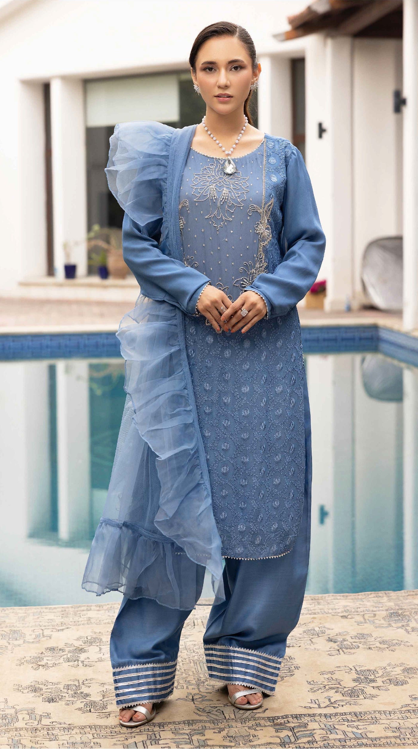 Blue Elara Chikankari Chiffon Farshi Salwar Set