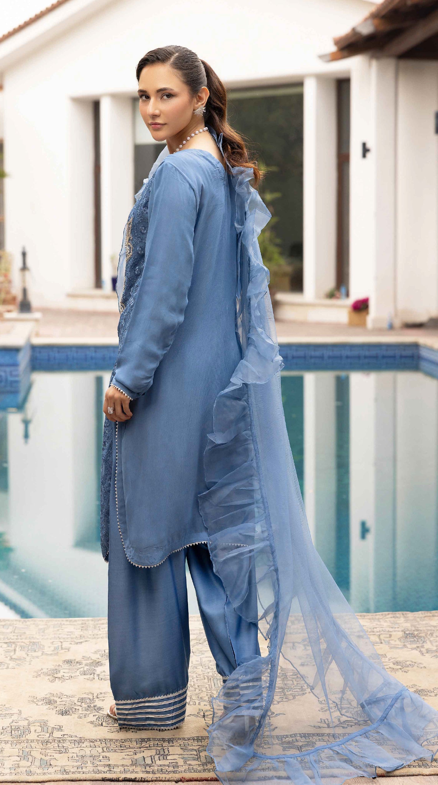 Blue Elara Chikankari Chiffon Farshi Salwar Set