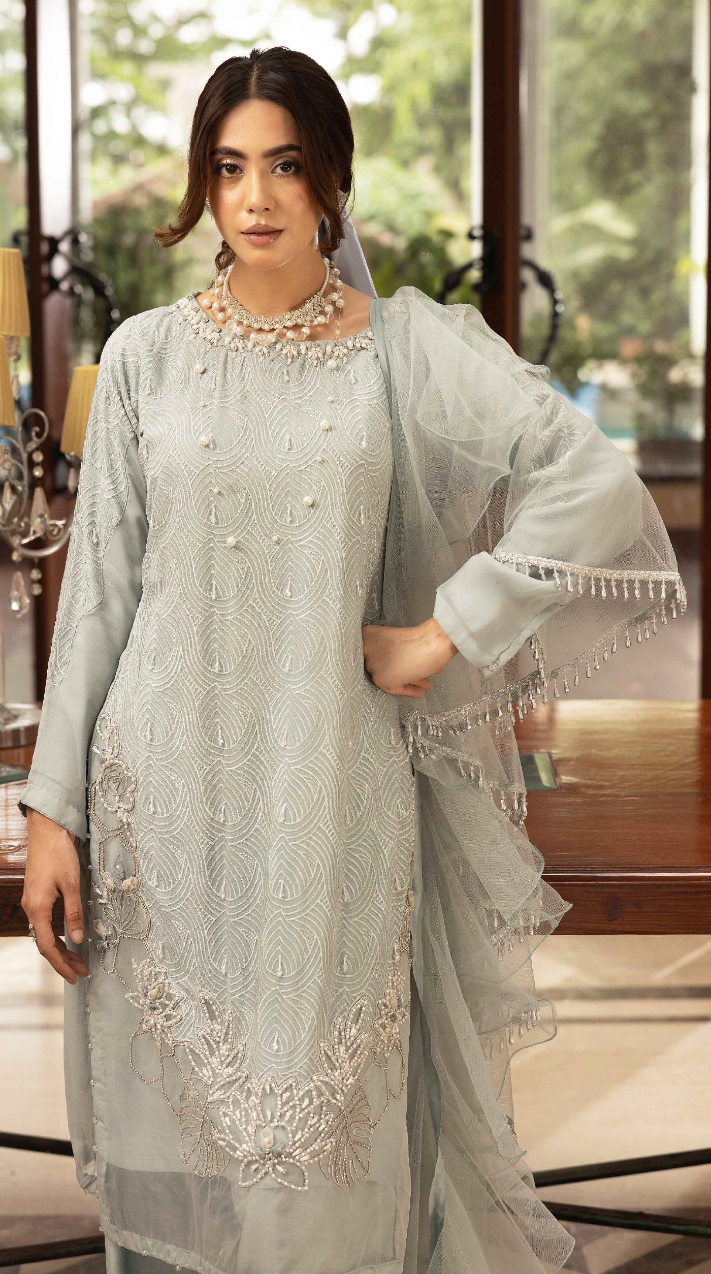 Sage Aura Chikankari Chiffon Farshi Salwar Set