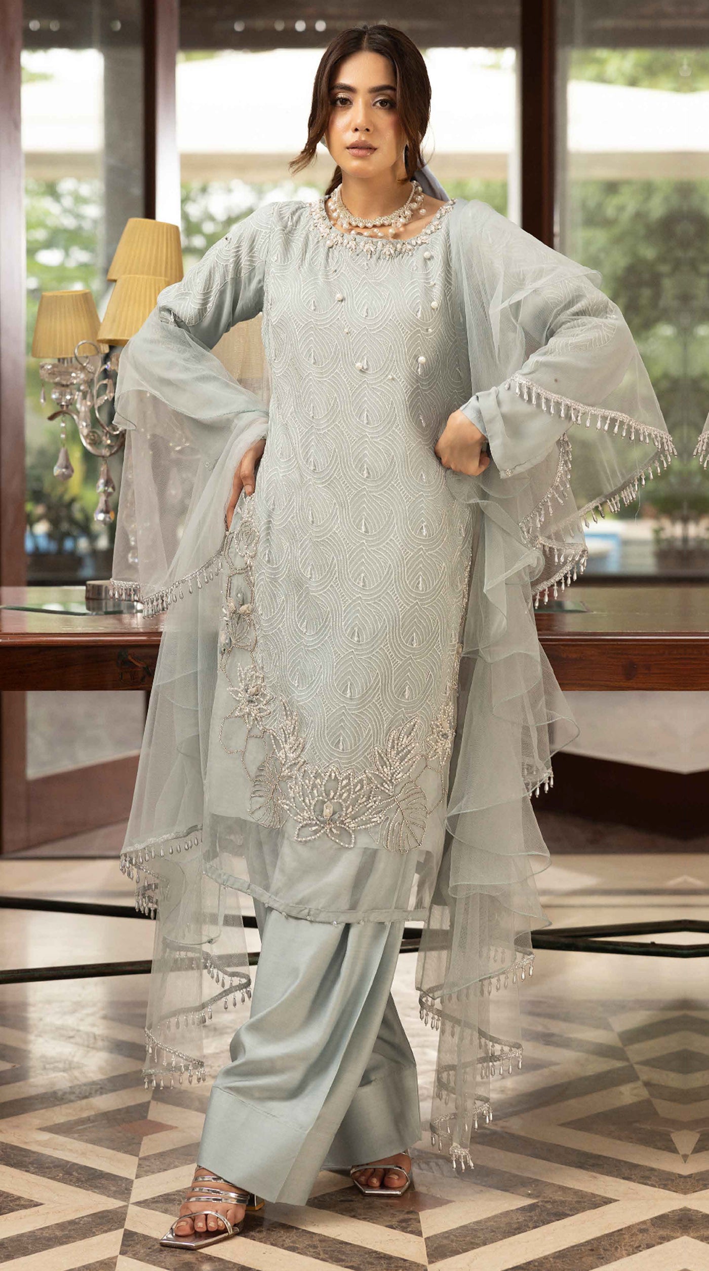 Sage Aura Chikankari Chiffon Farshi Salwar Set