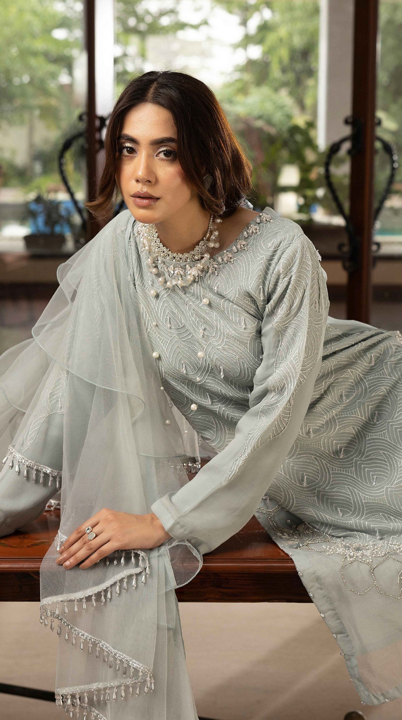 Sage Aura Chikankari Chiffon Farshi Salwar Set