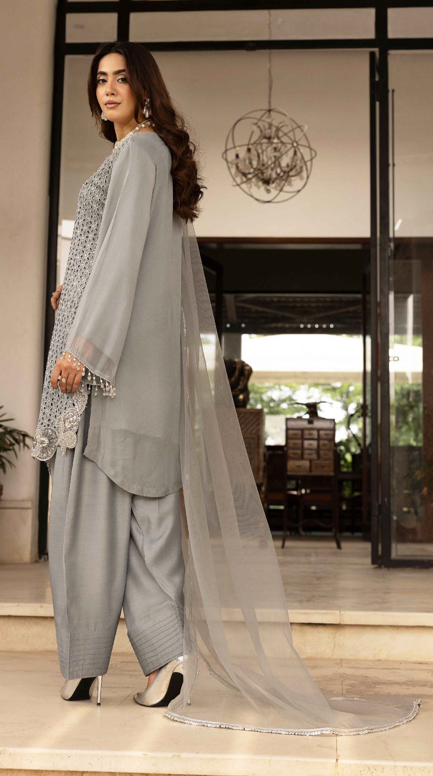 Silver Mist Chikankari Chiffon Farshi Salwar Set