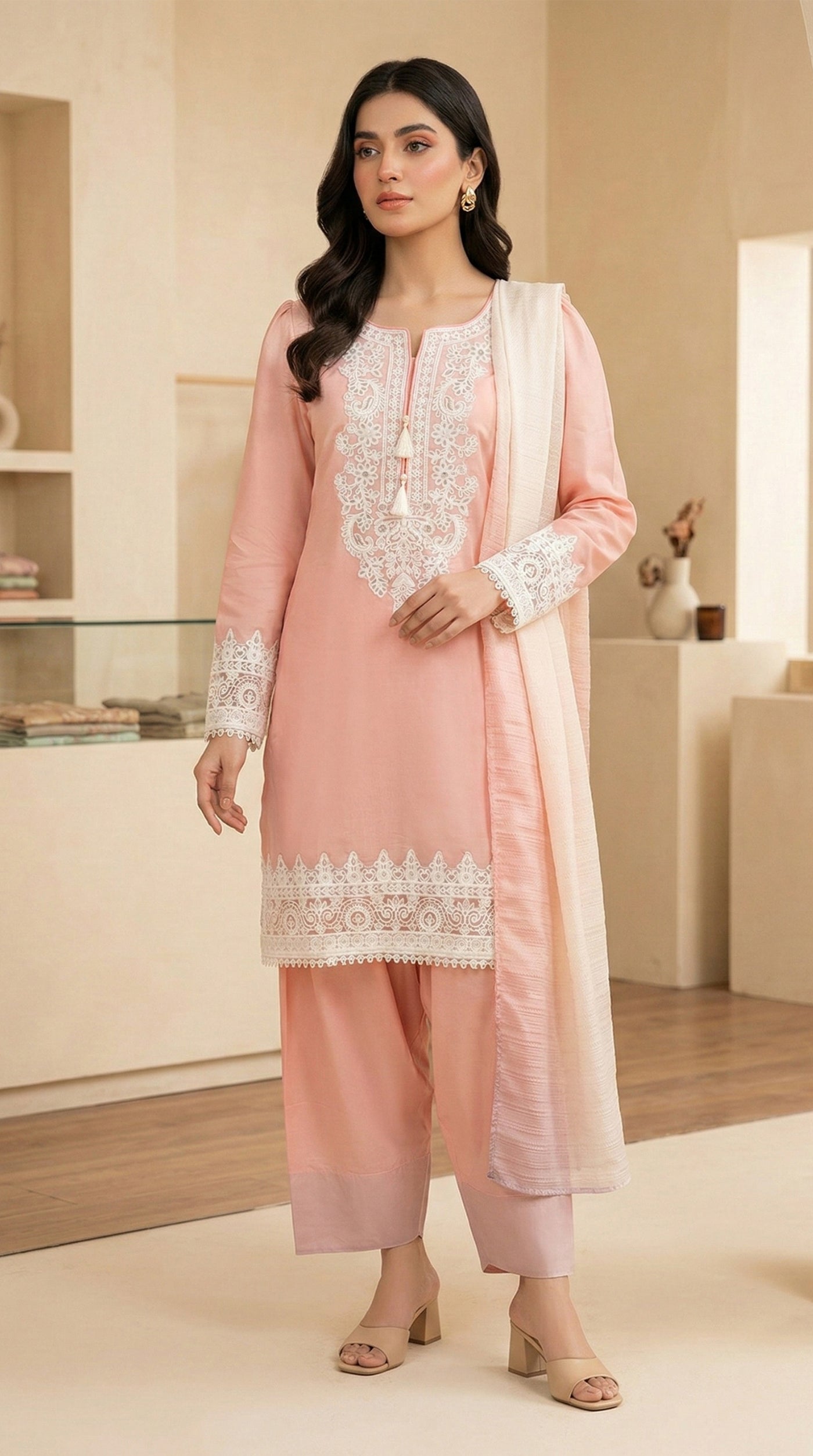 Light Pink Farshi Salwar Suit with White Embroidered Lace