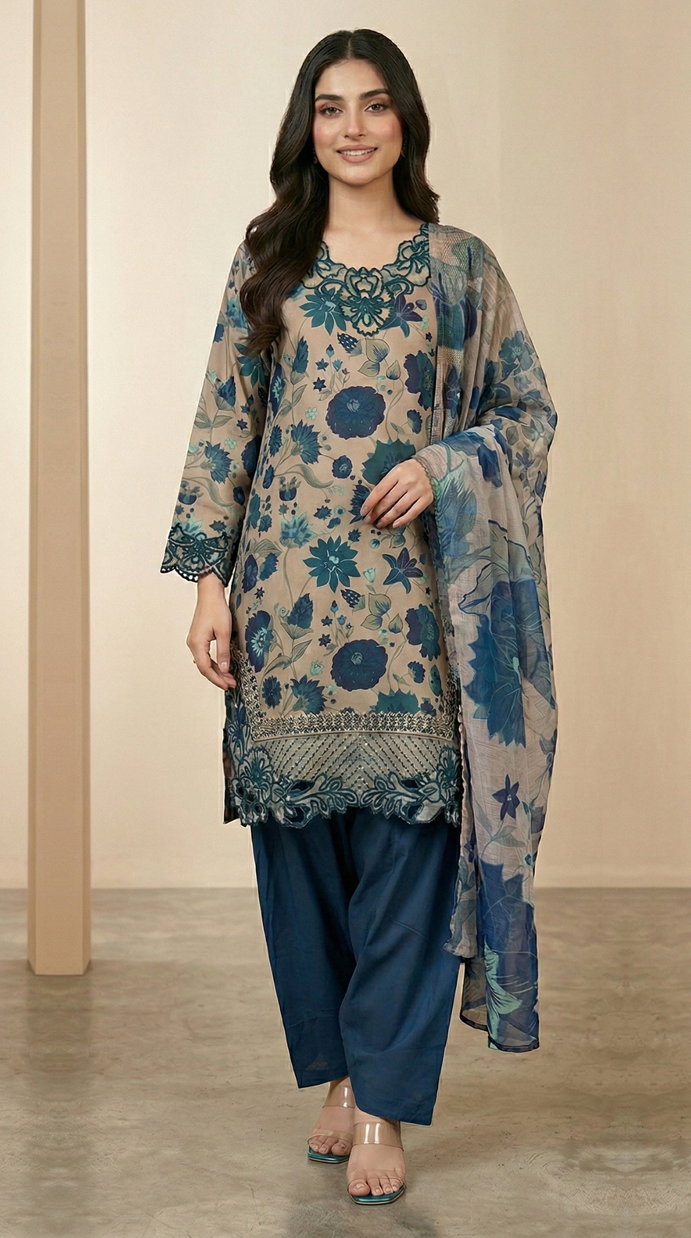 Blue Digital Print Farshi Salwar Suit with Cutwork Embroidery