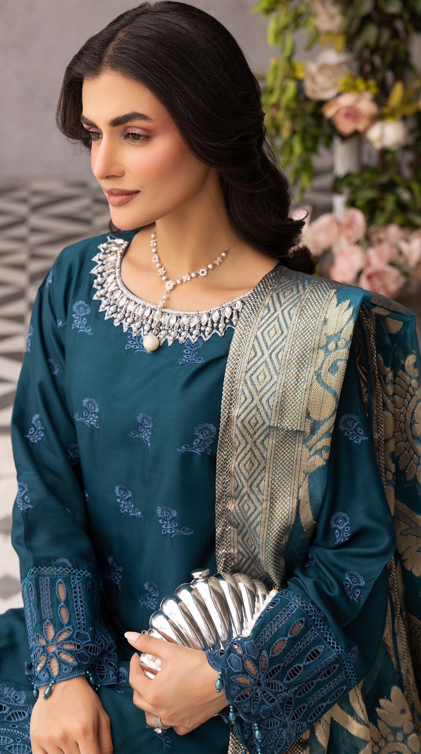 Women’s Teal Chikankari Suit with Jacquard Dupatta