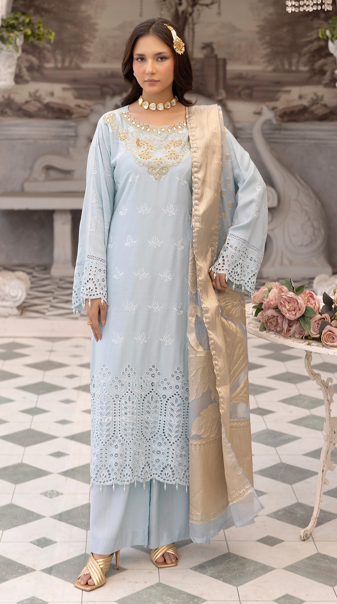 Women’s Light Blue Chikankari Embroidered Suit with Jacquard Dupatta