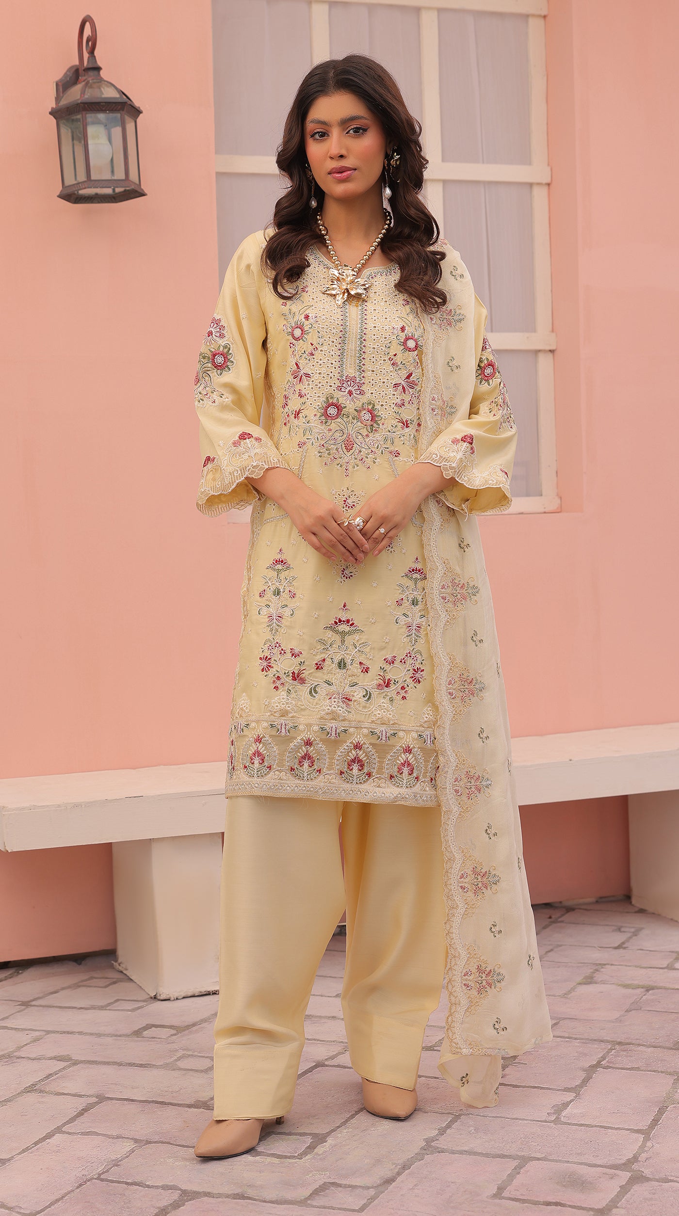 Lime Yellow Sequin Embroidered Eid Suit with Farshi Salwar