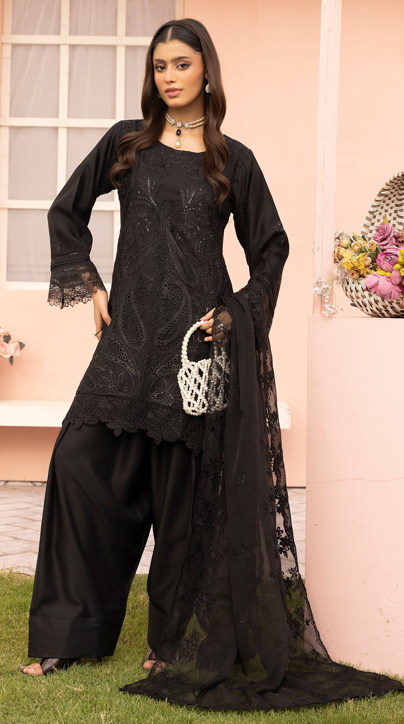 Black Sequin Embroidered Eid Suit with Farshi Salwar