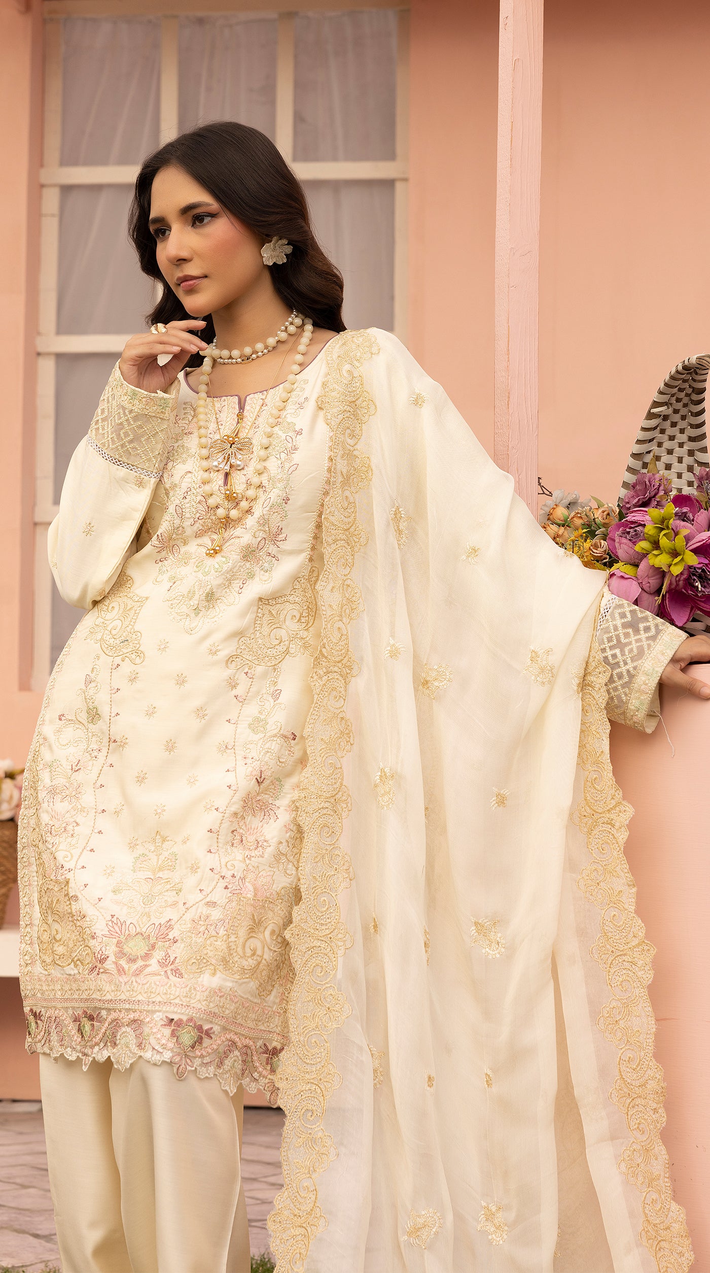 Ivory Sequin Embroidered Eid Suit with Farshi Salwar
