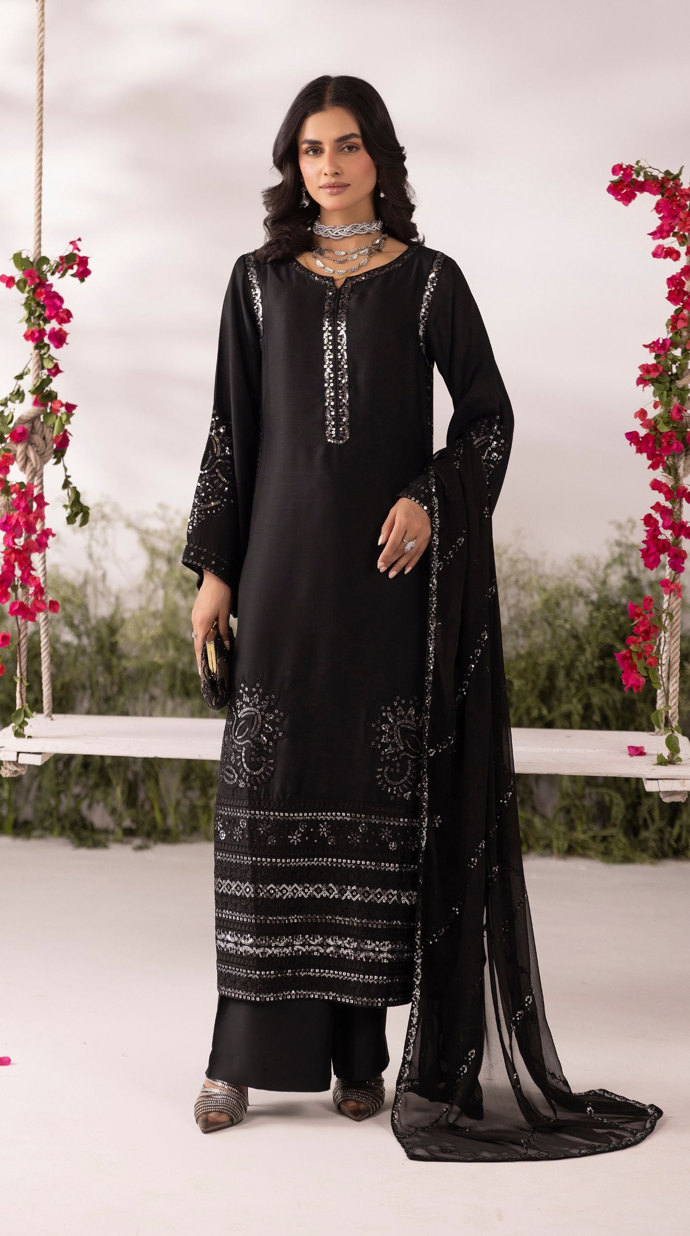 Black Viscose Sequin Embroidered Kurta Palazzo Set