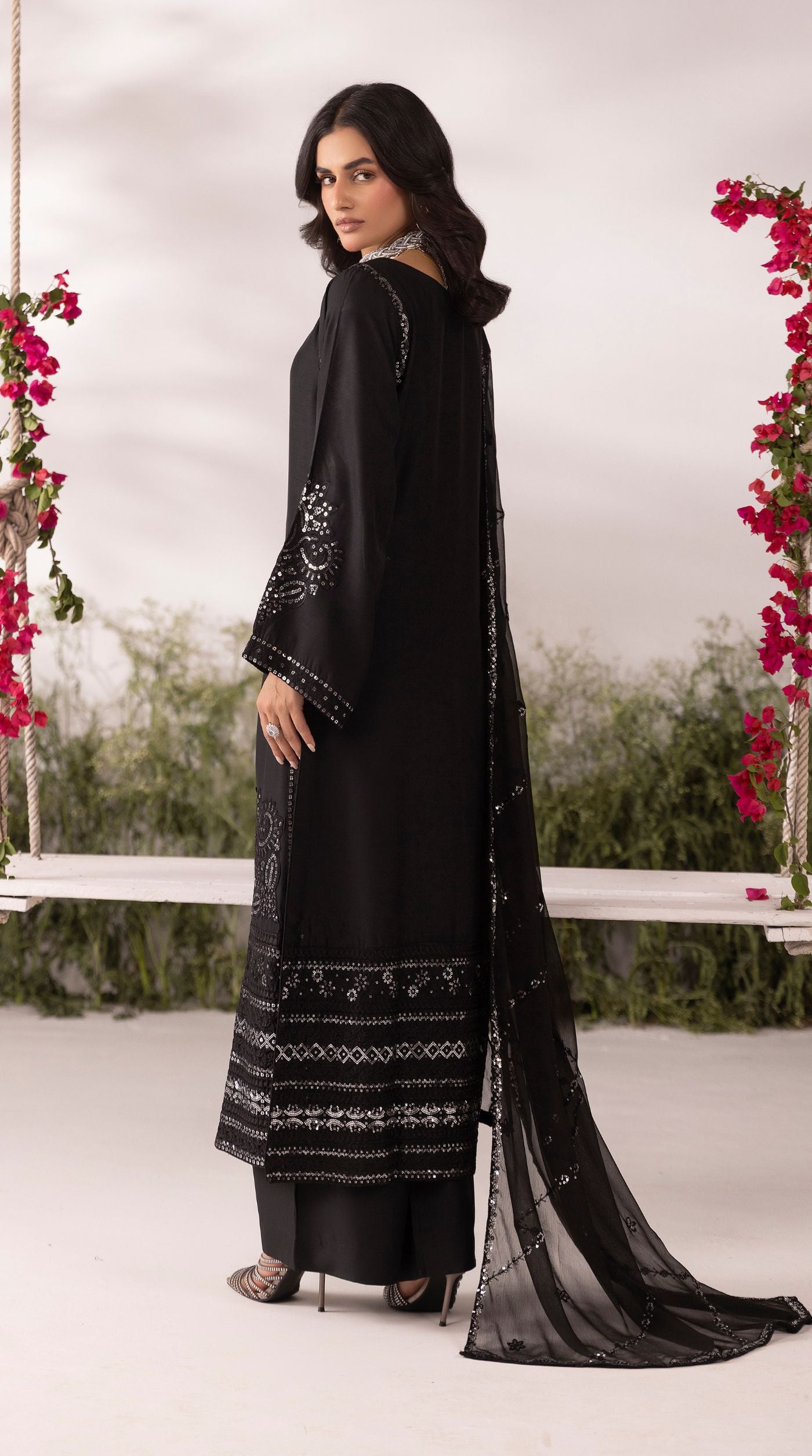 Black Viscose Sequin Embroidered Kurta Palazzo Set