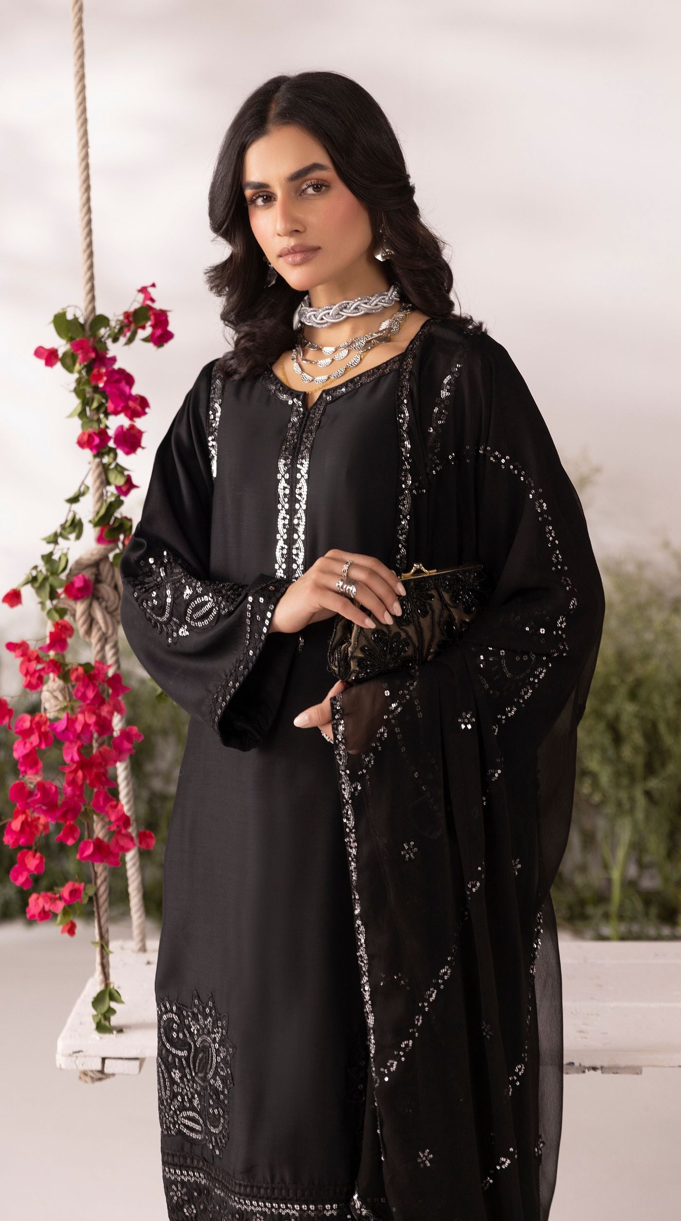 Black Viscose Sequin Embroidered Kurta Palazzo Set