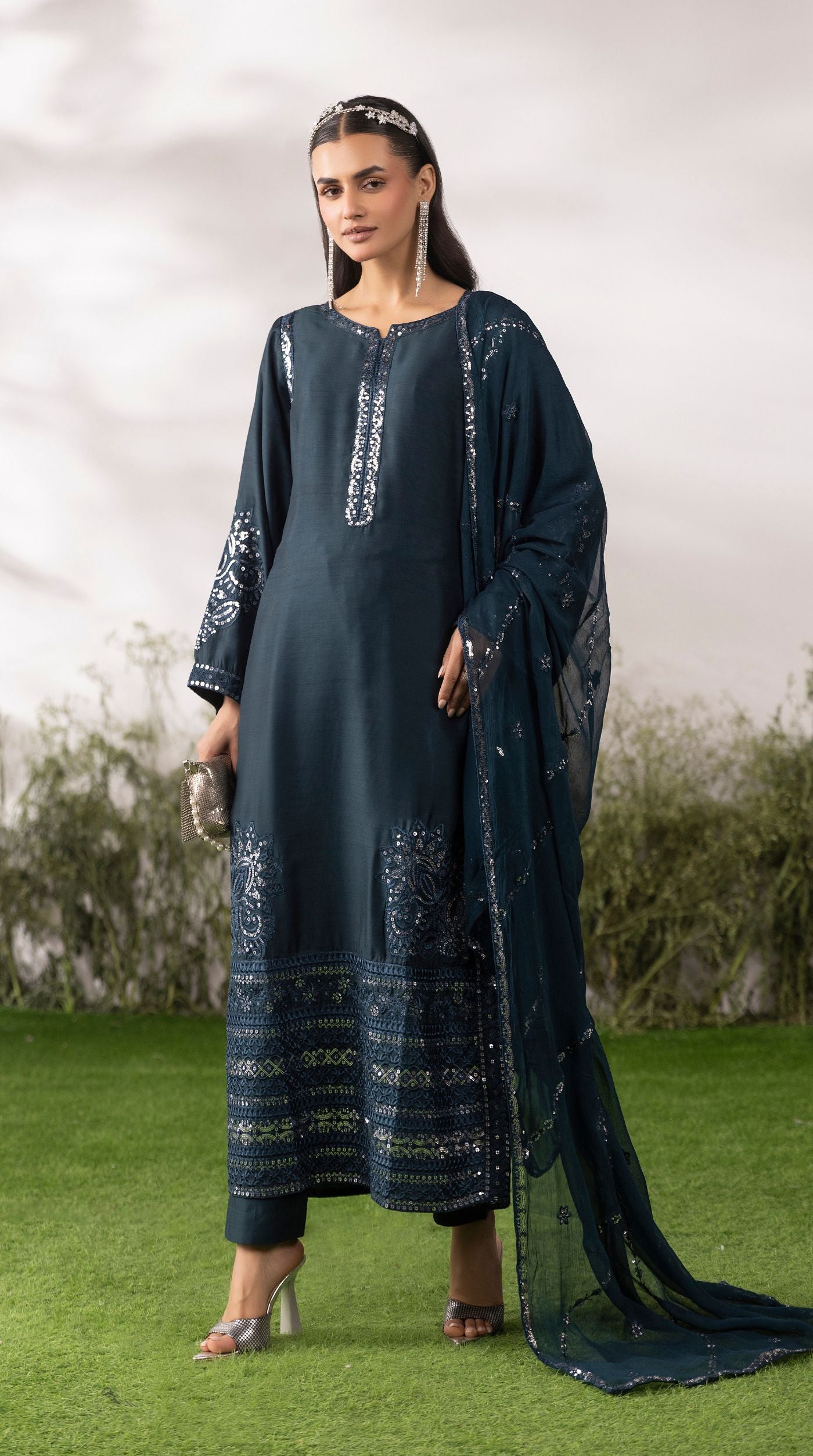 Green Viscose Sequin Embroidered Kurta Palazzo Set