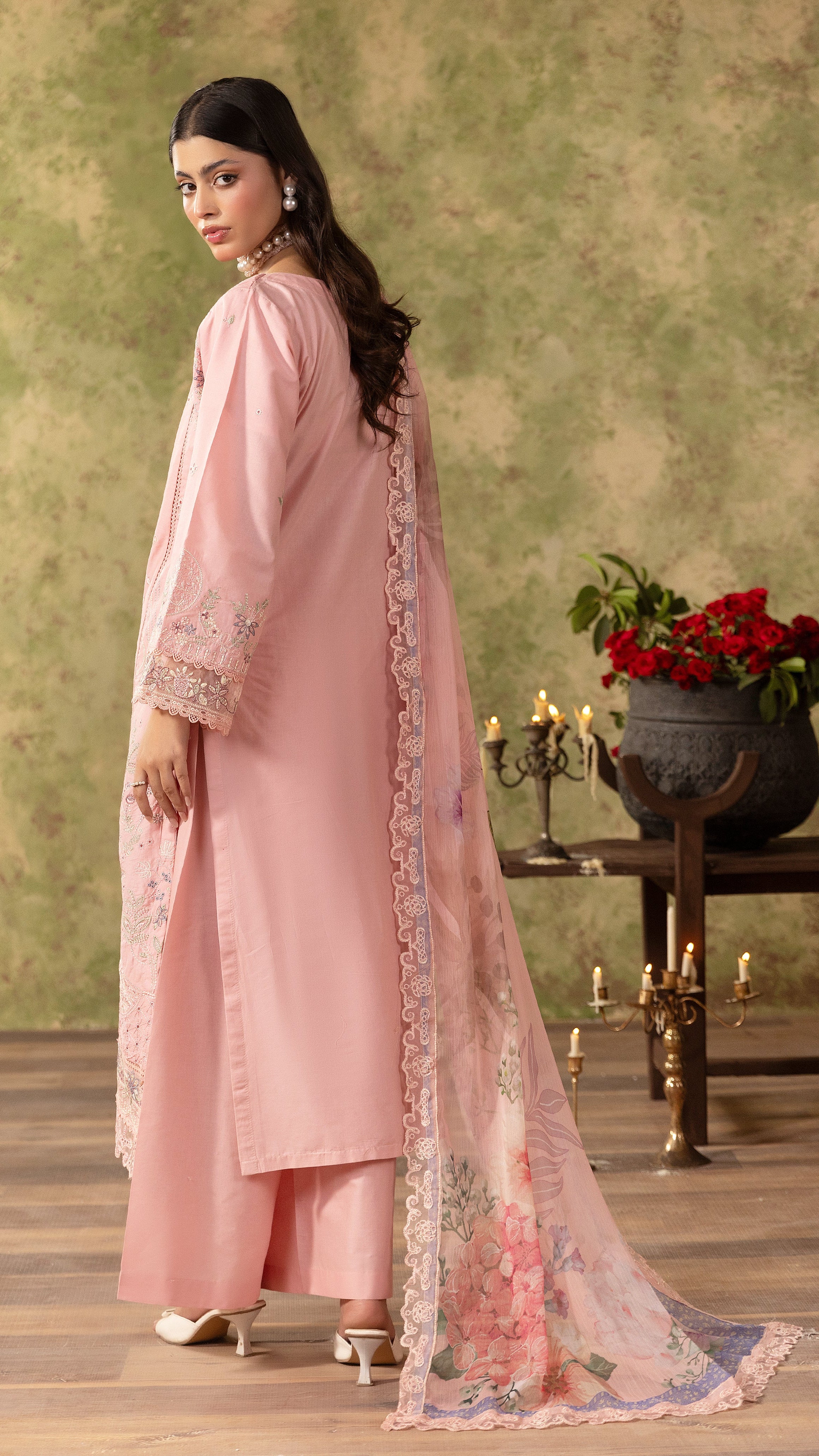 Blush pink women’s embroidered salwar kameez suit with matching wide-leg trousers and floral printed dupatta, elegant Asian ethnic wear by Diya Online