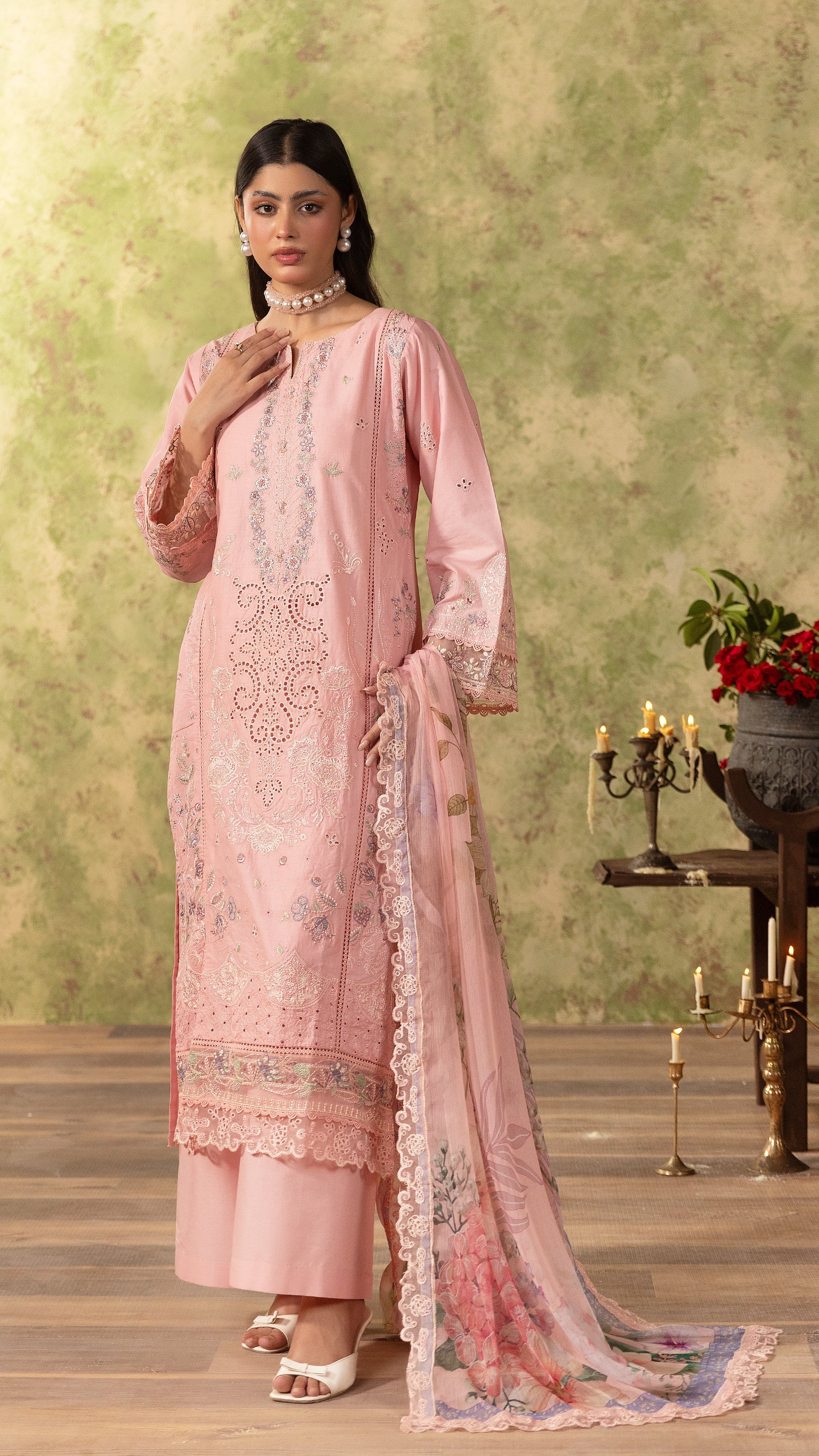 Blush pink women’s embroidered salwar kameez suit with matching wide-leg trousers and floral printed dupatta, elegant Asian ethnic wear by Diya Online