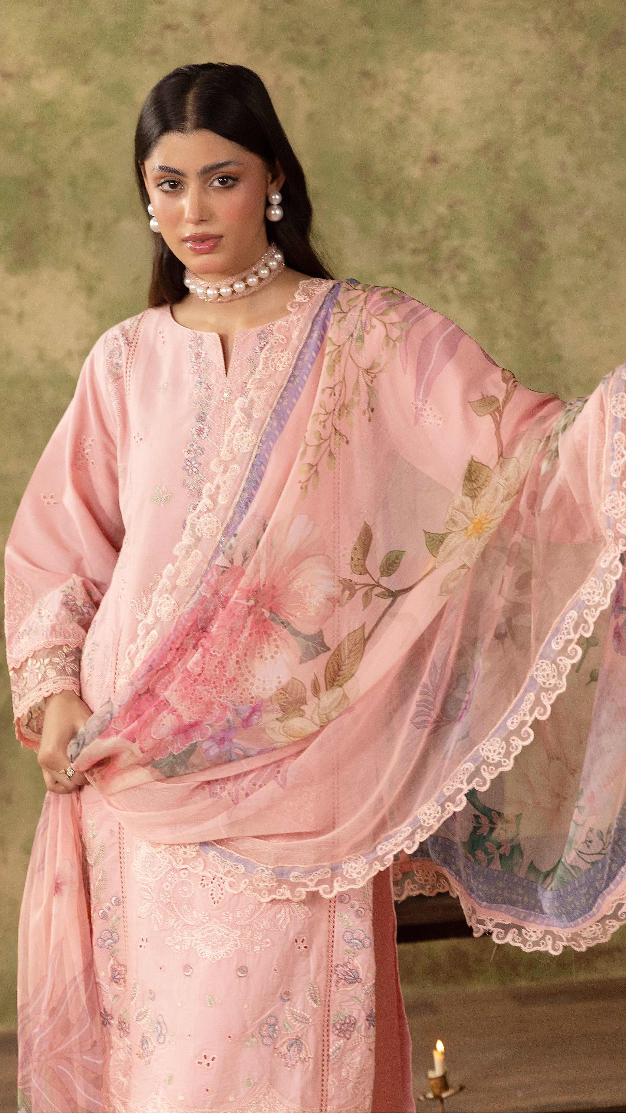 Blush pink women’s embroidered salwar kameez suit with matching wide-leg trousers and floral printed dupatta, elegant Asian ethnic wear by Diya Online