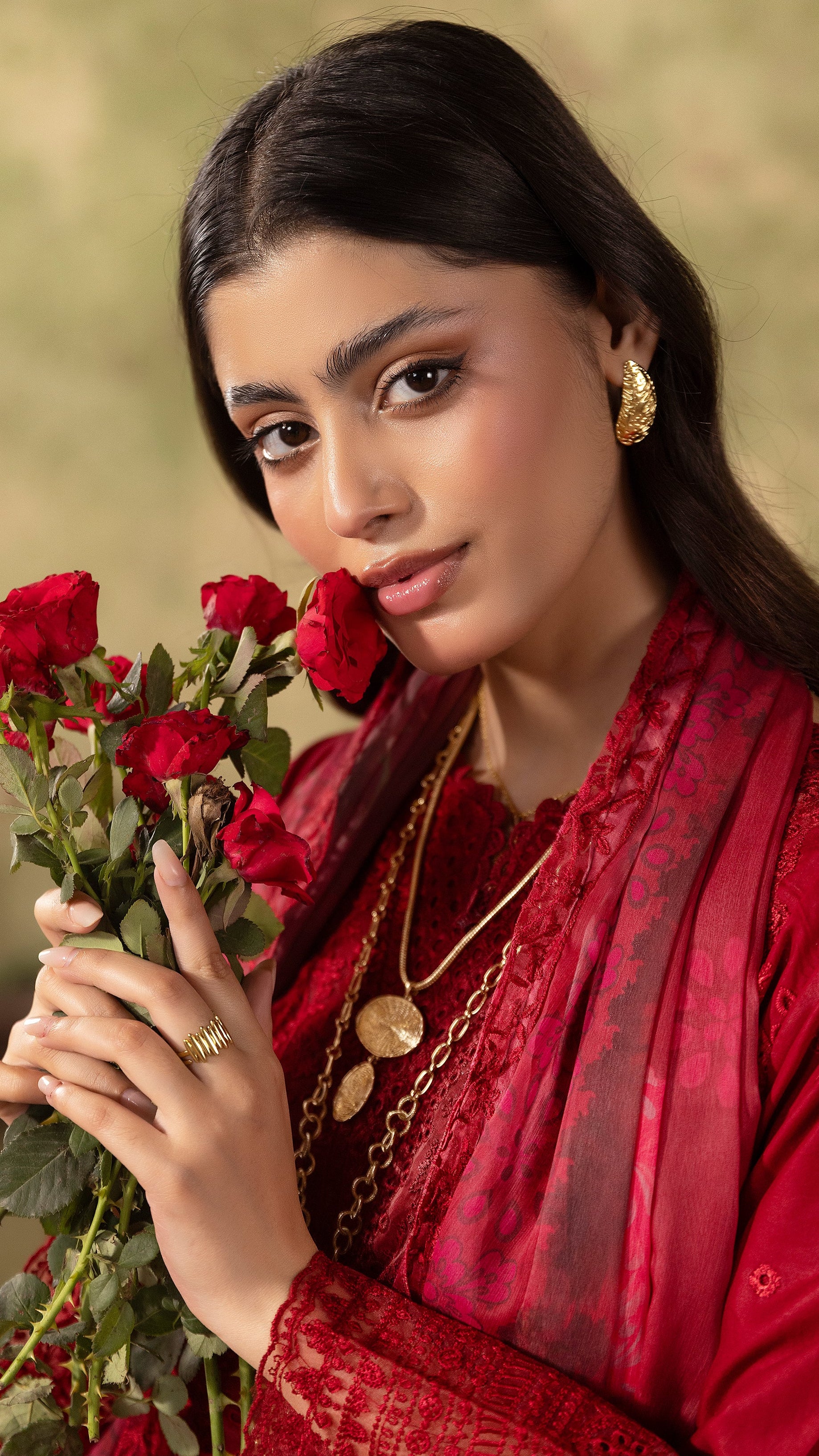 Deep red women’s embroidered salwar kameez suit with matching trousers and floral printed dupatta, elegant Asian ethnic wear by Diya Online