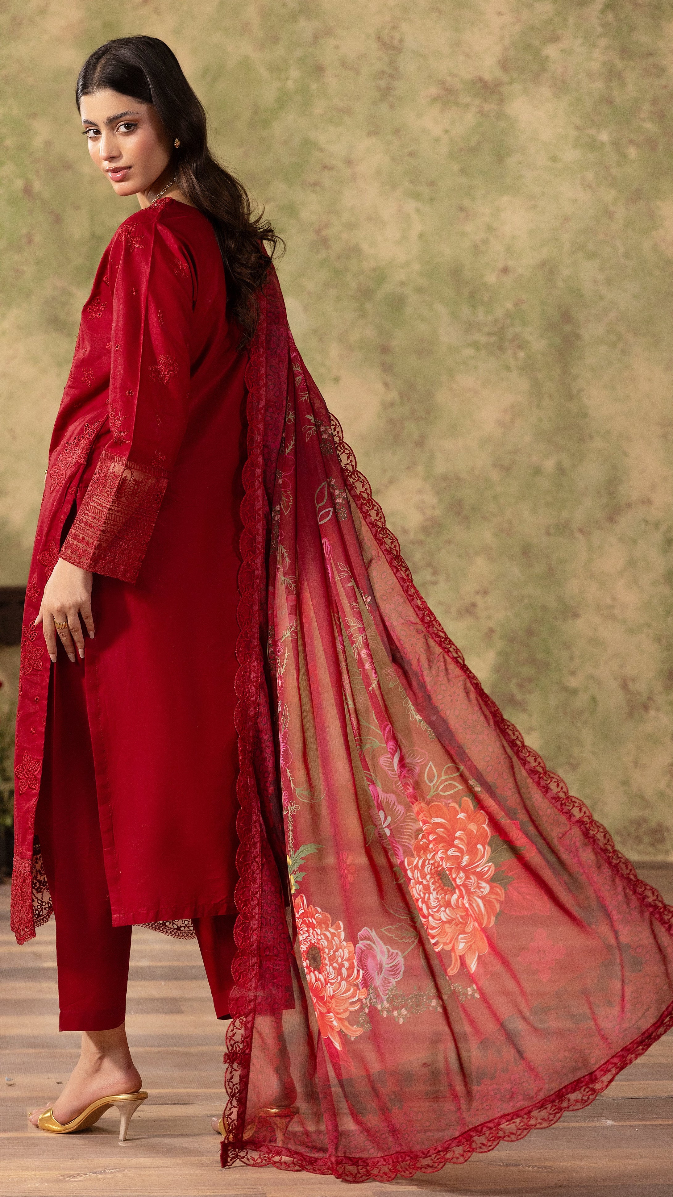 Deep red women’s embroidered salwar kameez suit with matching trousers and floral printed dupatta, elegant Asian ethnic wear by Diya Online
