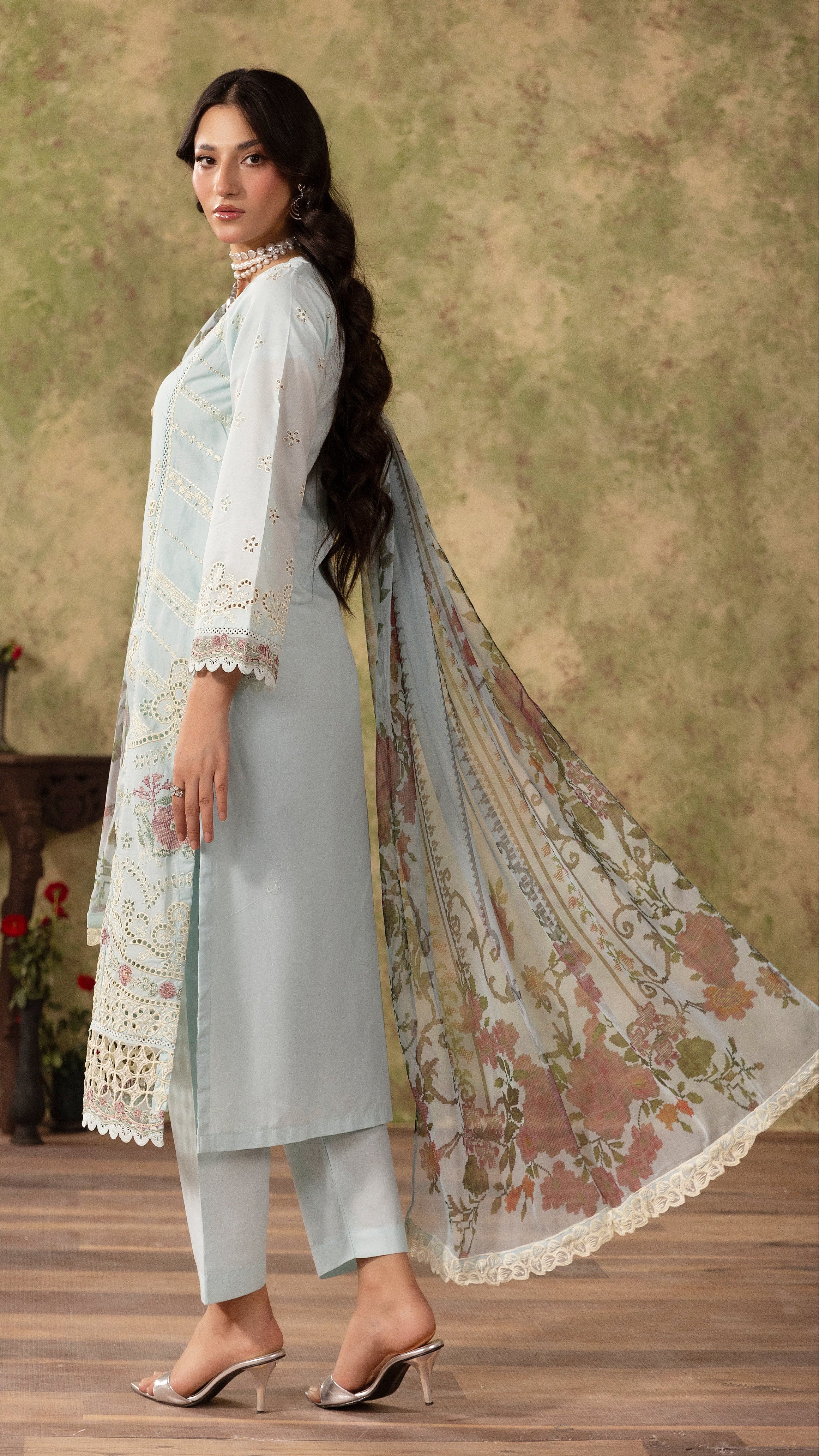 Powder blue women’s embroidered salwar kameez suit with matching trousers and floral printed dupatta, elegant Asian ethnic wear by Diya Online