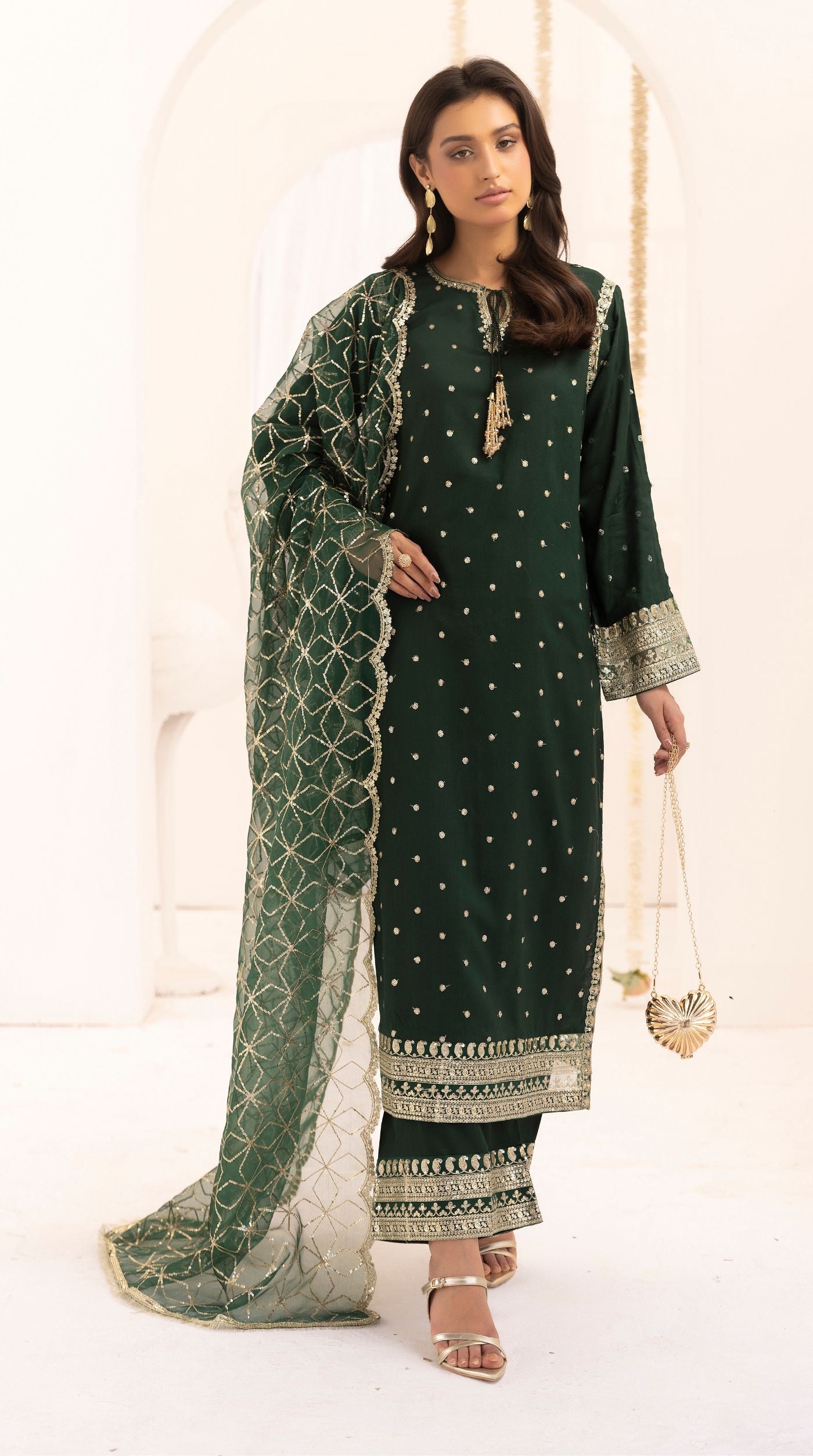 Dark Green embroidered viscose suit set with embellished detailing and an intricately embroidered net dupatta.