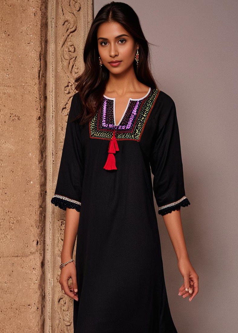 Black Multi Embroidered Kurti Top