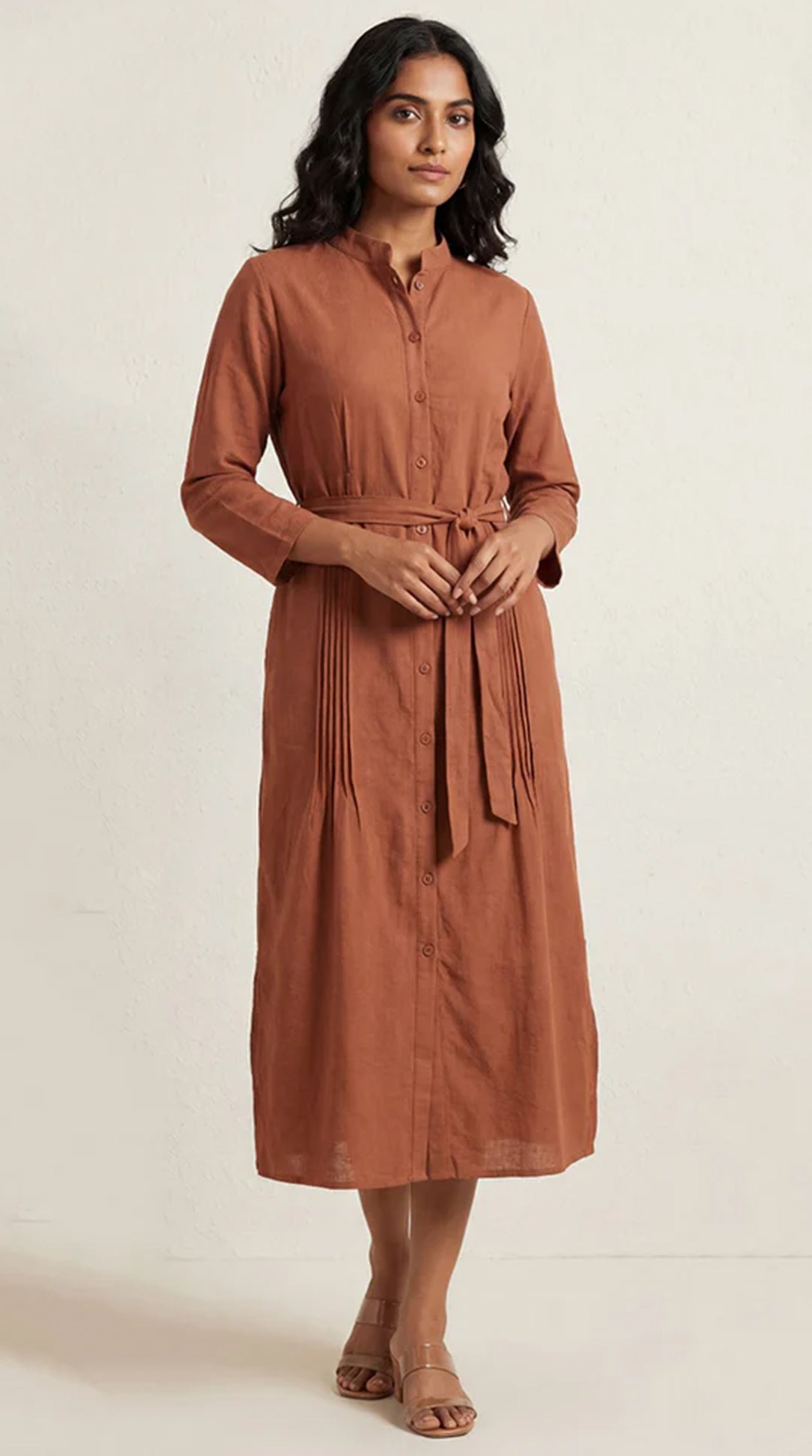 Brown Pintuck Pleat Dress