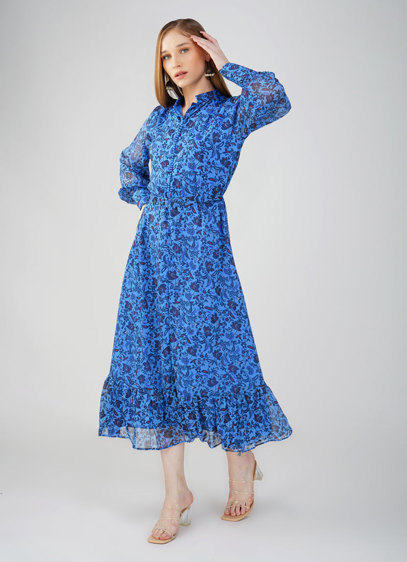 Floral Print Long Dress In Blue