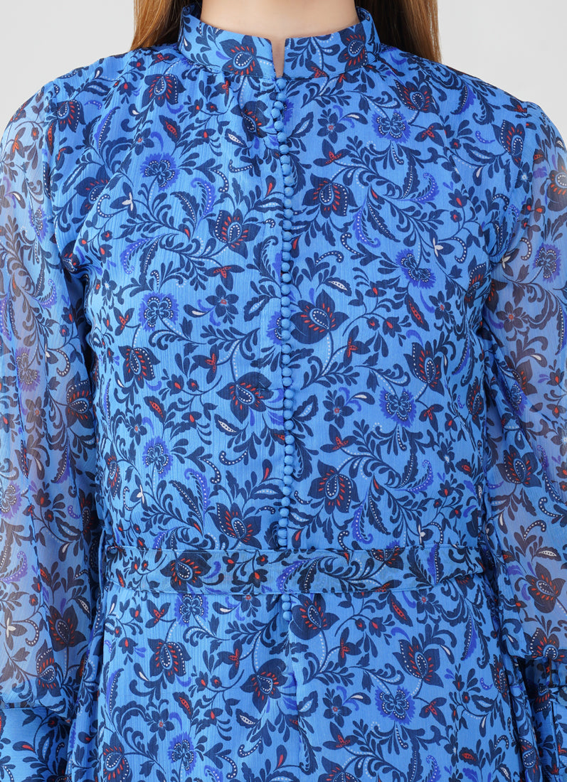 Floral Print Long Dress In Blue