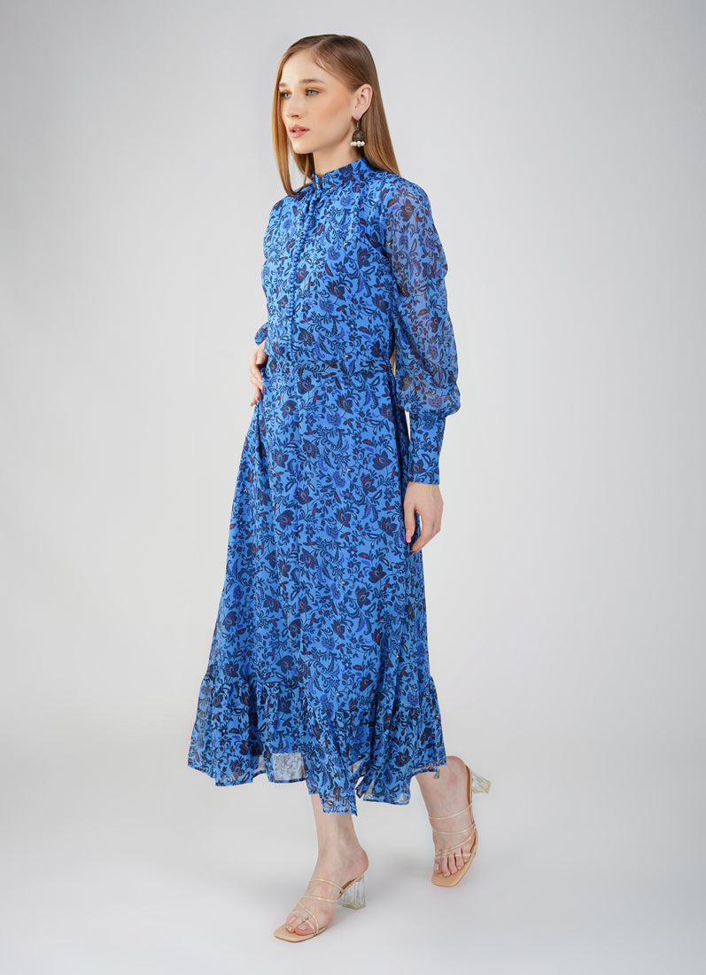 Floral Print Long Dress In Blue