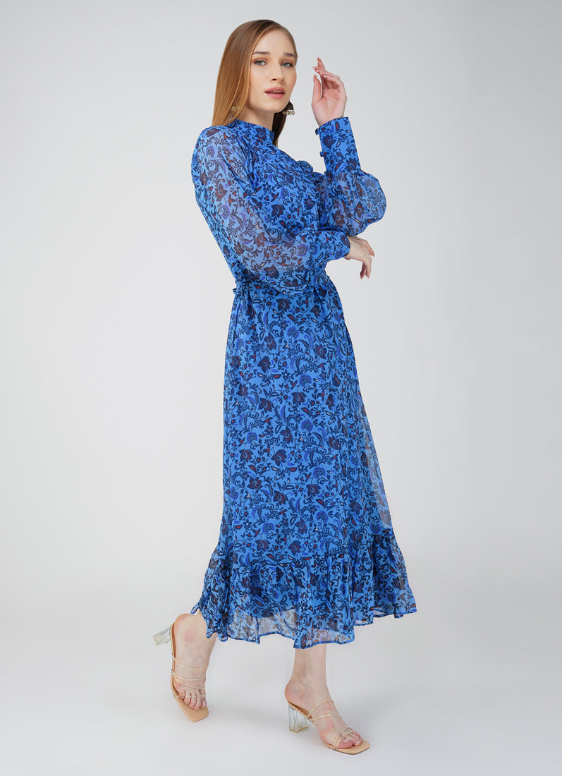 Floral Print Long Dress In Blue