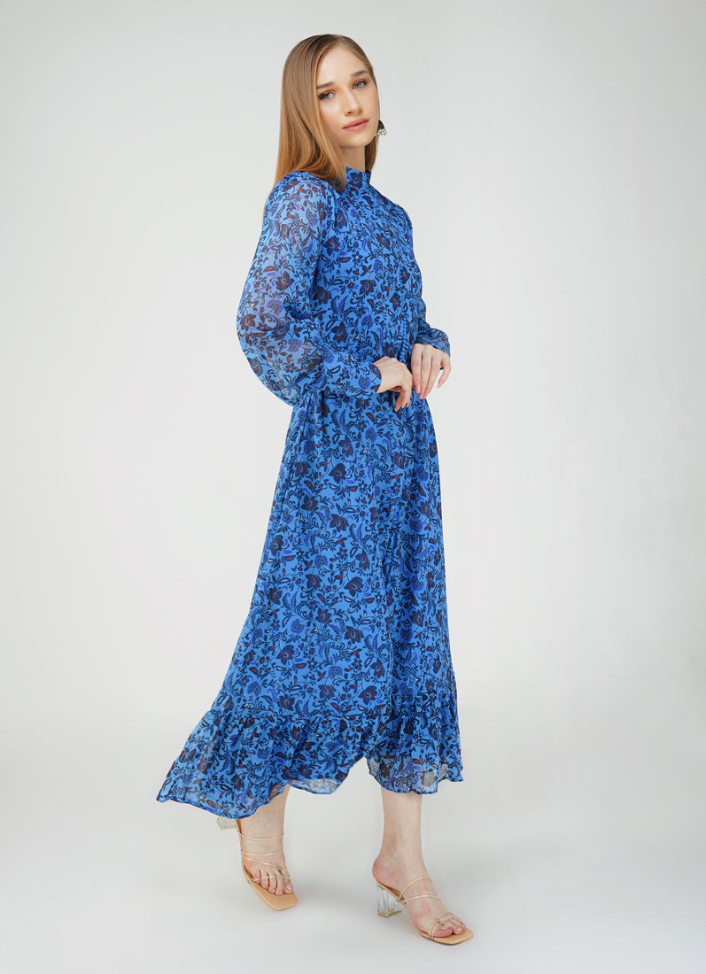 Floral Print Long Dress In Blue