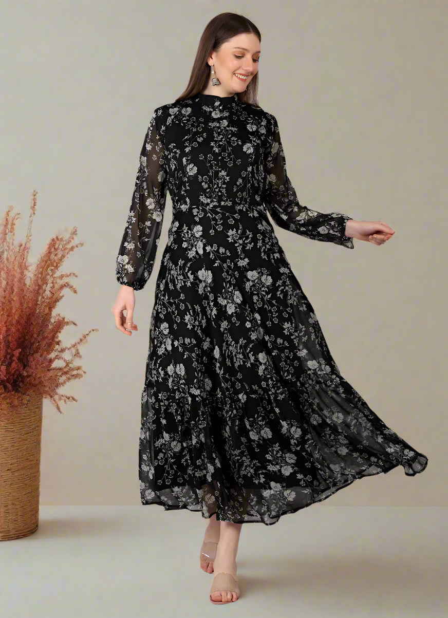 Black Georgette Band Collar Neckline Dress