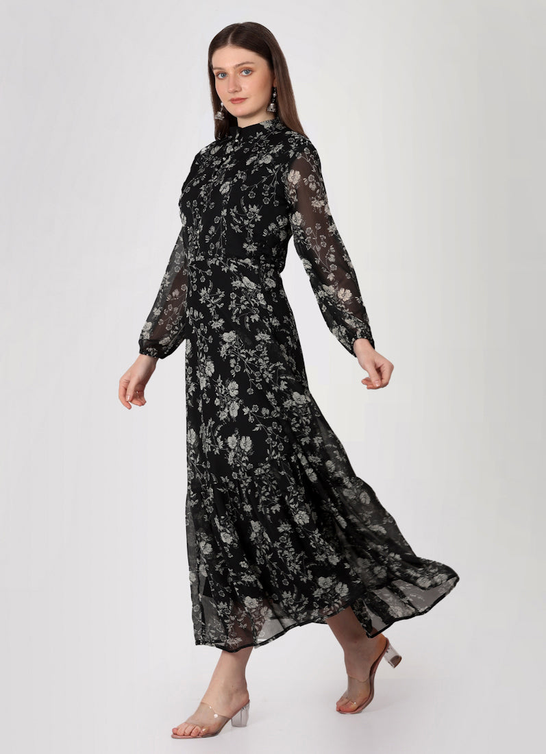 Black Georgette Band Collar Neckline Dress