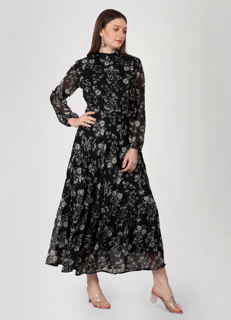 Black Georgette Band Collar Neckline Dress