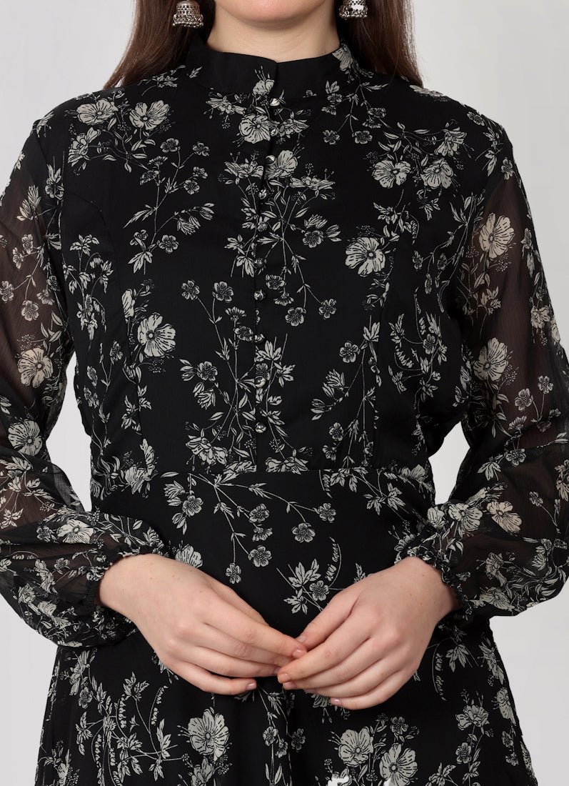 Black Georgette Band Collar Neckline Dress