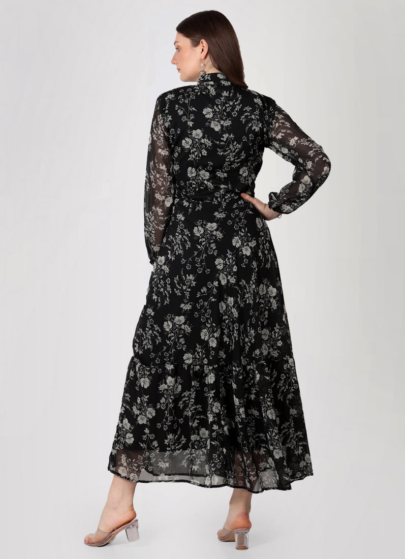 Black Georgette Band Collar Neckline Dress