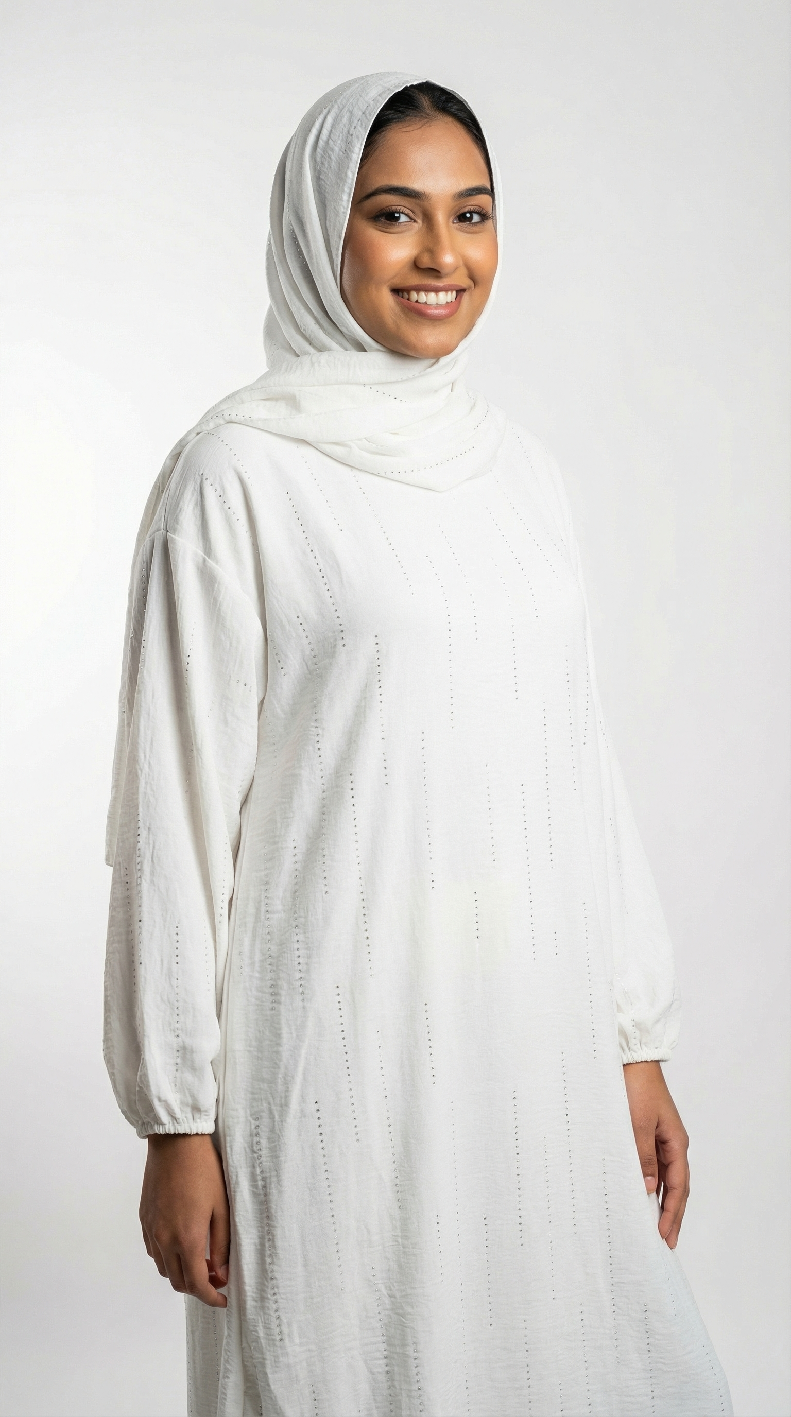 White Full-Length Hijab Dress With Attached Scarf